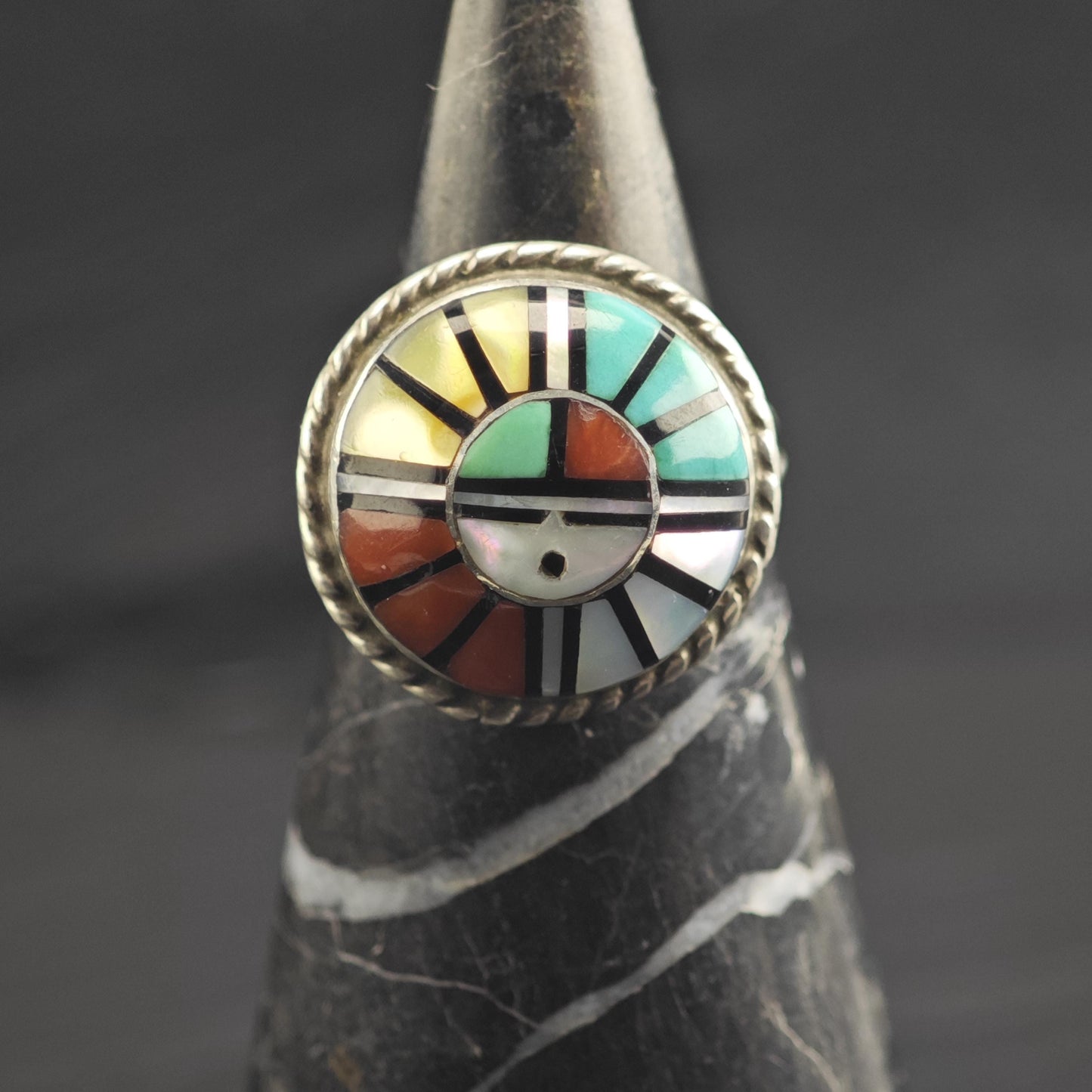 Zuni Inlay Sunface Sterling Silver Ring by Angela Lahty Sz 7 R6671