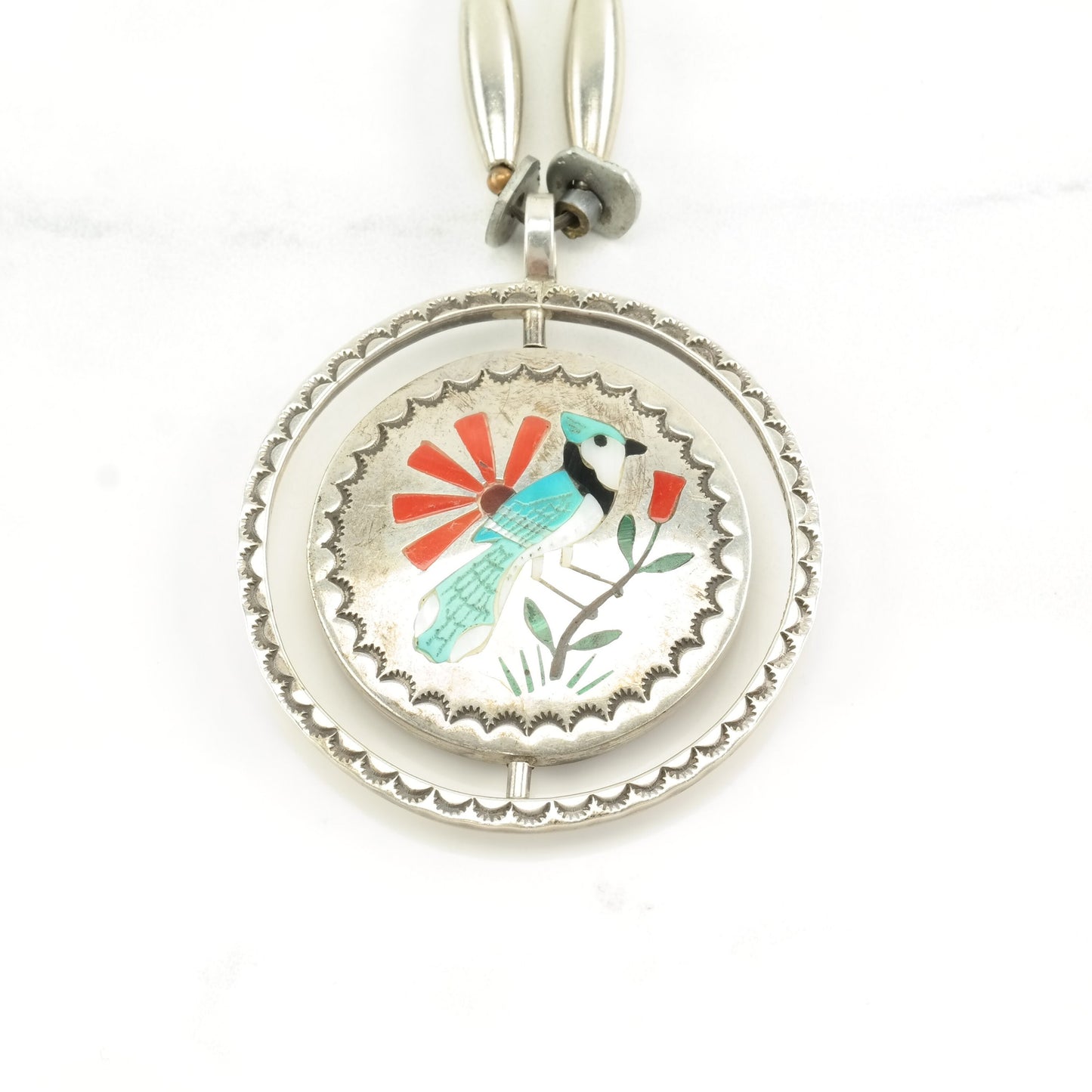 Native American Sterling Silver Turquoise, Coral Bird Inlay Necklace