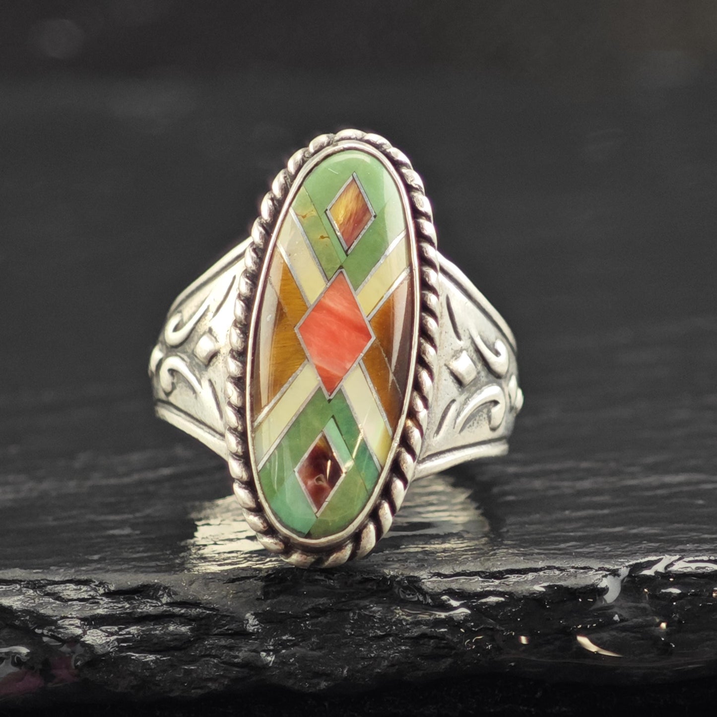 Relios Multistone Inlay Sterling Silver Ring Sz 7 1/4 R6560