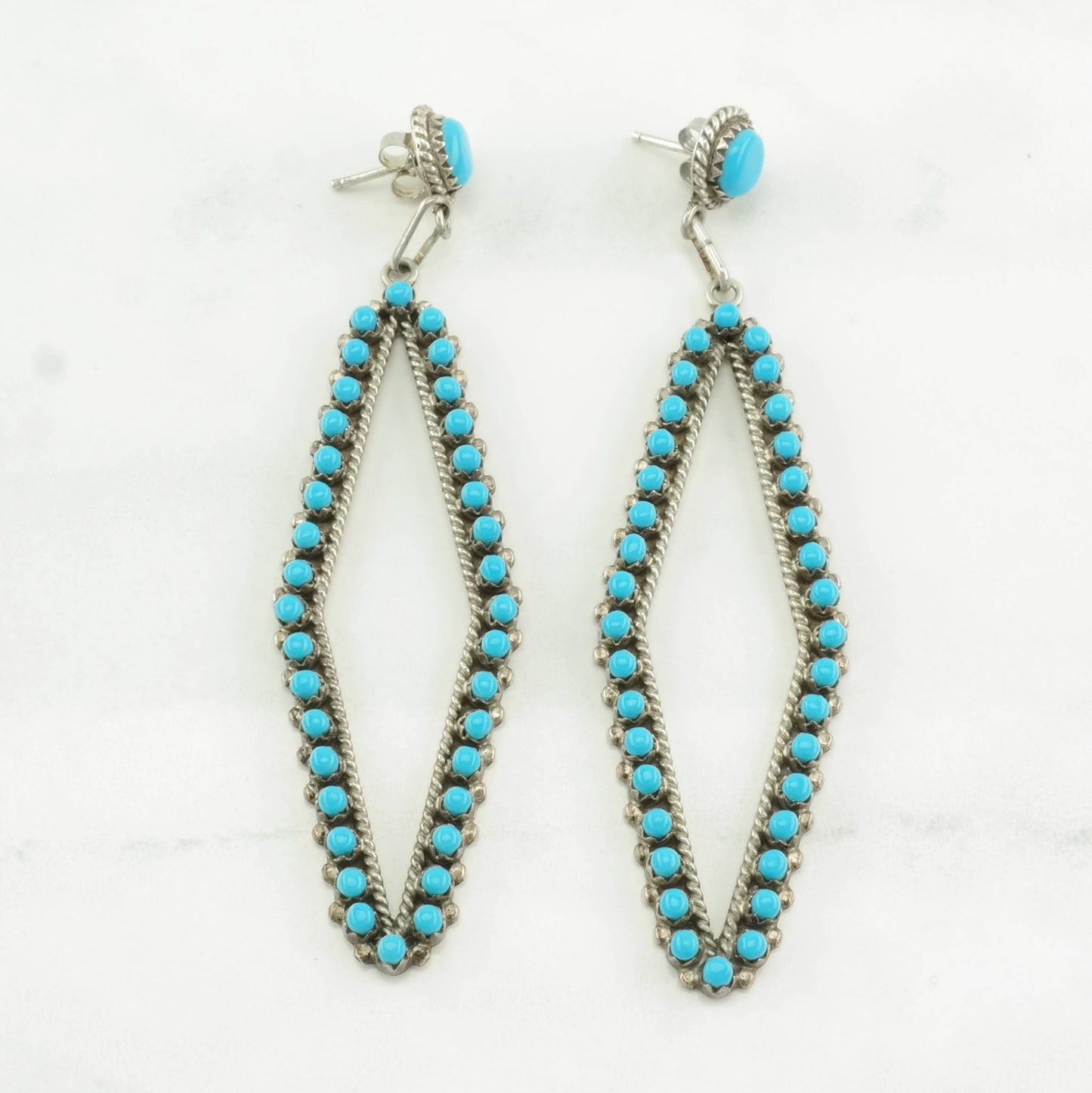 Native American Sterling Silver Blue Turquoise Petit Point, Long Earrings Stud, Dangle