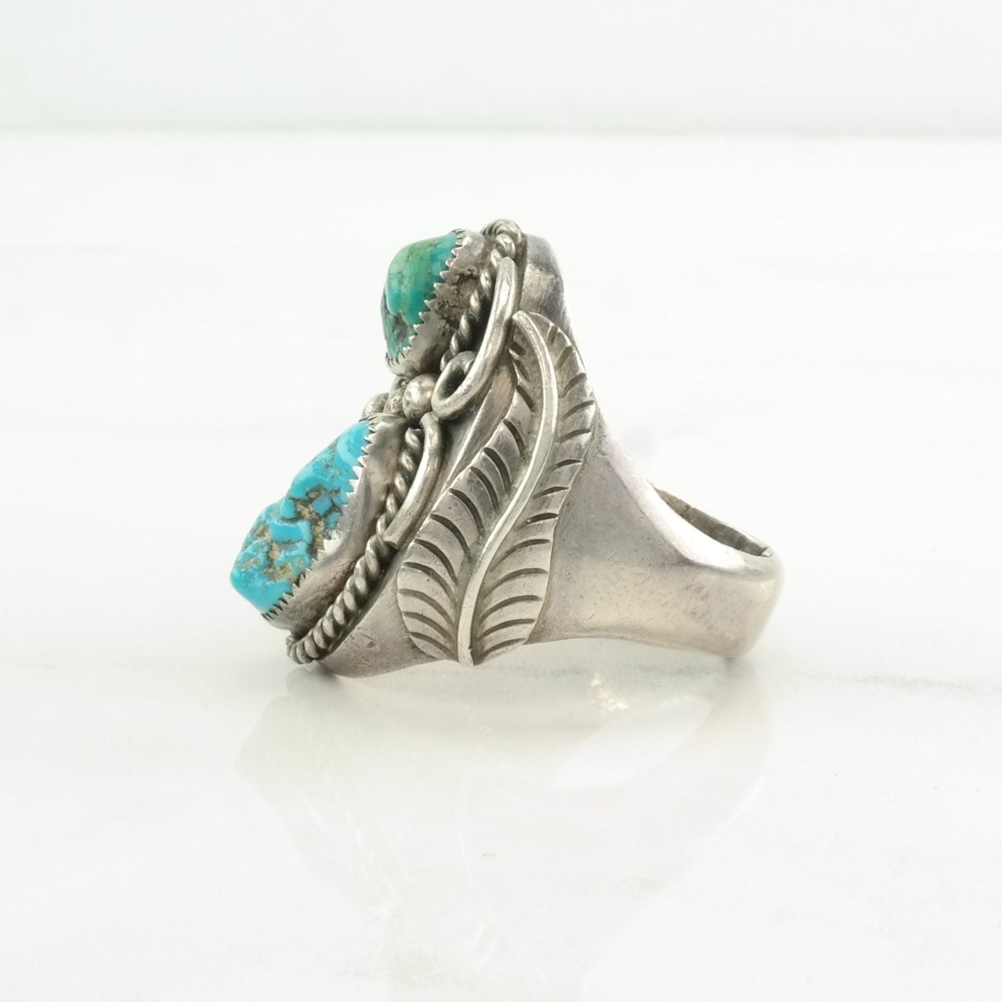 Native American Silver Ring Turquoise Leaf Sterling Blue Size 11 3/4