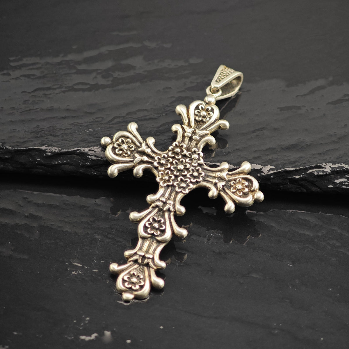 Taxco Floral Cross Sterling Silver Pendant P3138