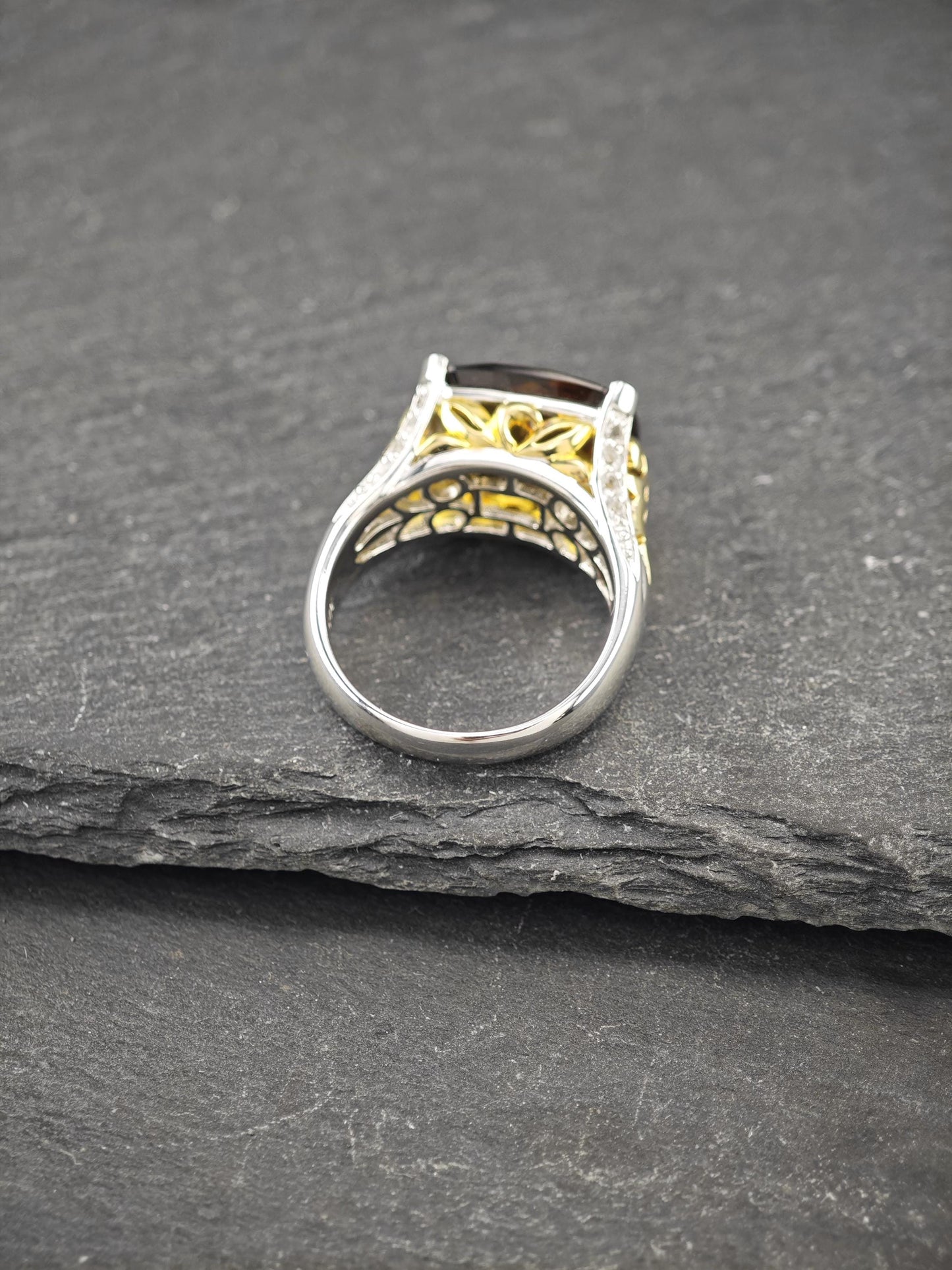 Duo Tone, Smoky Quartz & White Topaz Ring Sterling Silver