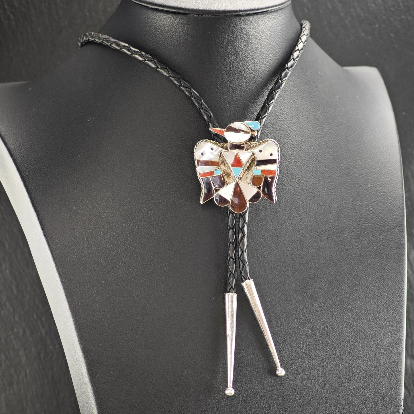 Vintage Native American Sterling Silver, Inlay Thunderbird Bolo Tie Necklace N2743