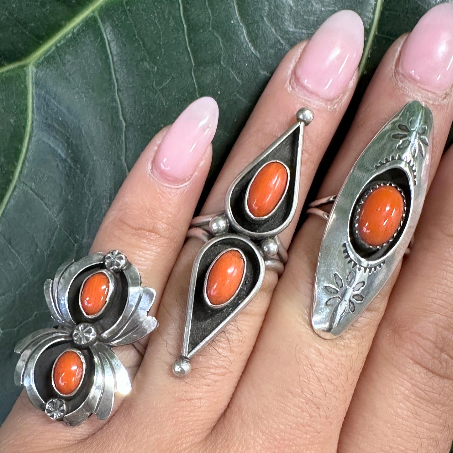 Native American Red Coral, Floral Stamped, Shadow Box, Long Sterling Silver Ring Size 5 1/2