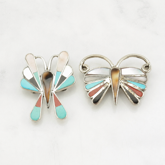 Choice of Vintage Zuni Sterling Silver Brooch Butterfly, Inlay MOP, Abalone, Turquoise, Coral B1810