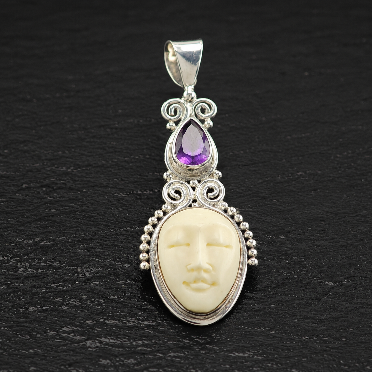 Choice of Bali Princess, Carved Face Pendant Sterling Silver P2752