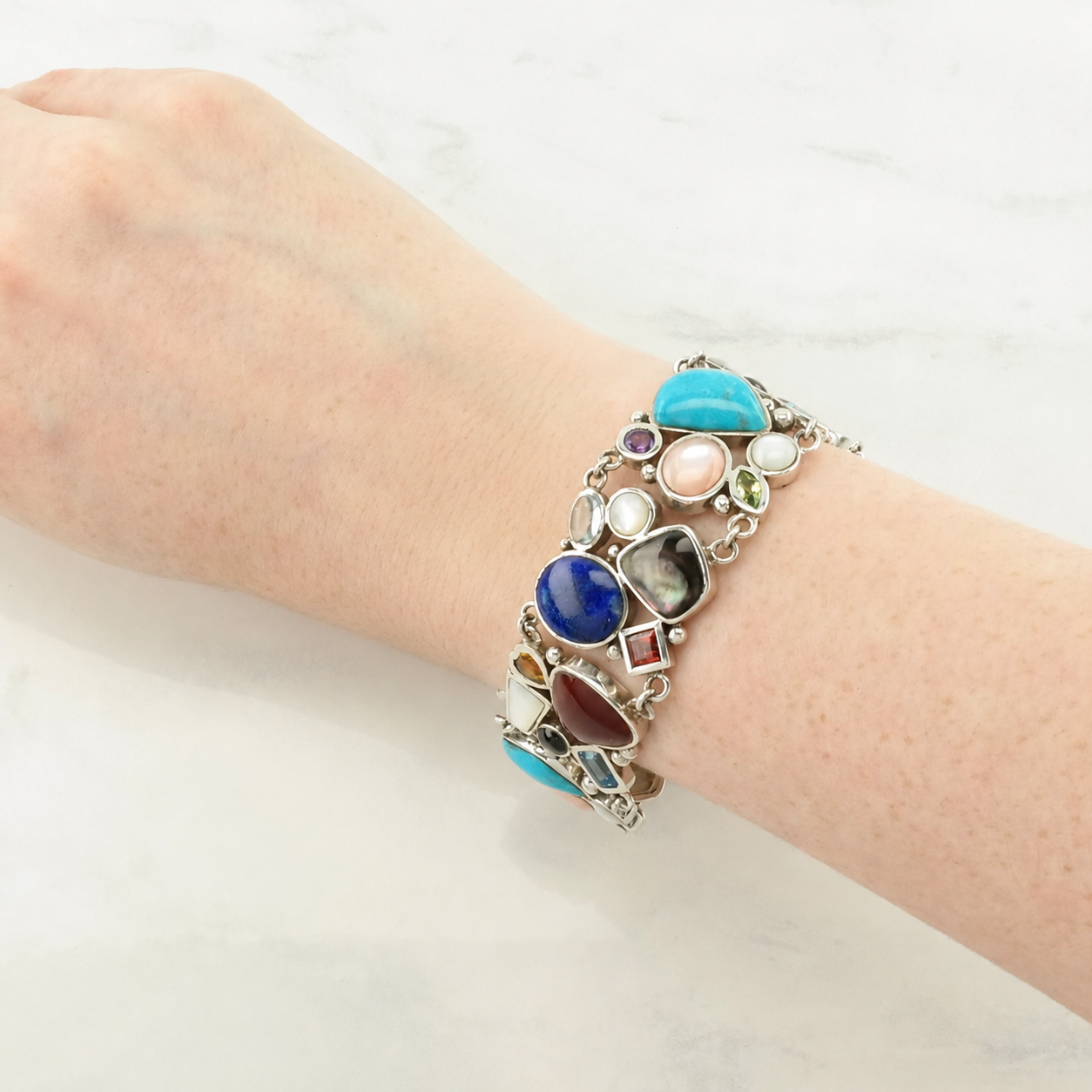Vintage Sterling Silver Link/T-Bar Bracelet Multi Stone Cluster, Maximalist BR2564