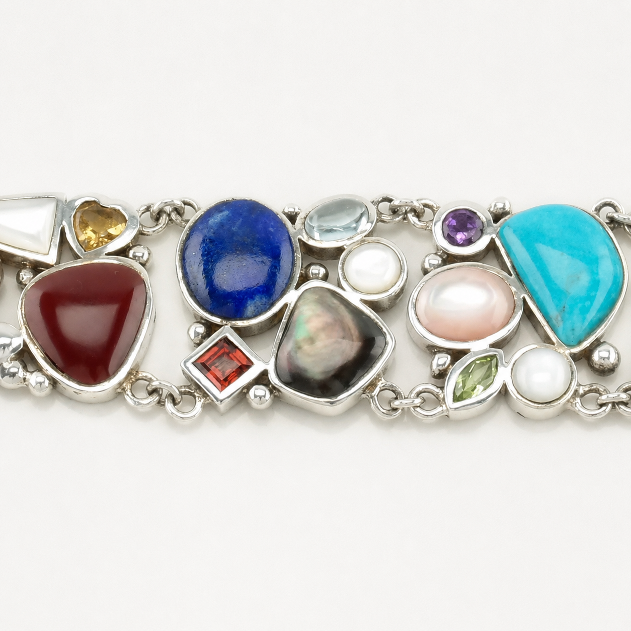 Vintage Sterling Silver Link/T-Bar Bracelet Multi Stone Cluster, Maximalist BR2564
