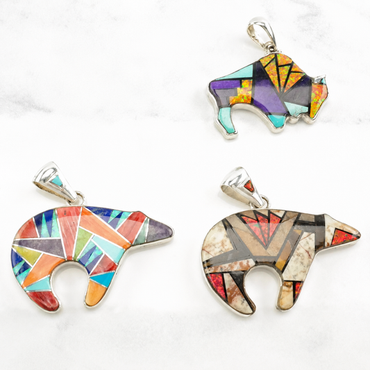 Vintage Southwest Lab Opal, Multi Gem Inlay, Bear, Buffalo, Reversible Sterling Silver Pendant P2152