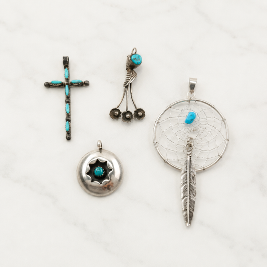 Vintage Pendant Choice Turquoise, Cross, Floral, Shadowbox, Dreamcatcher Sterling Silver P2200