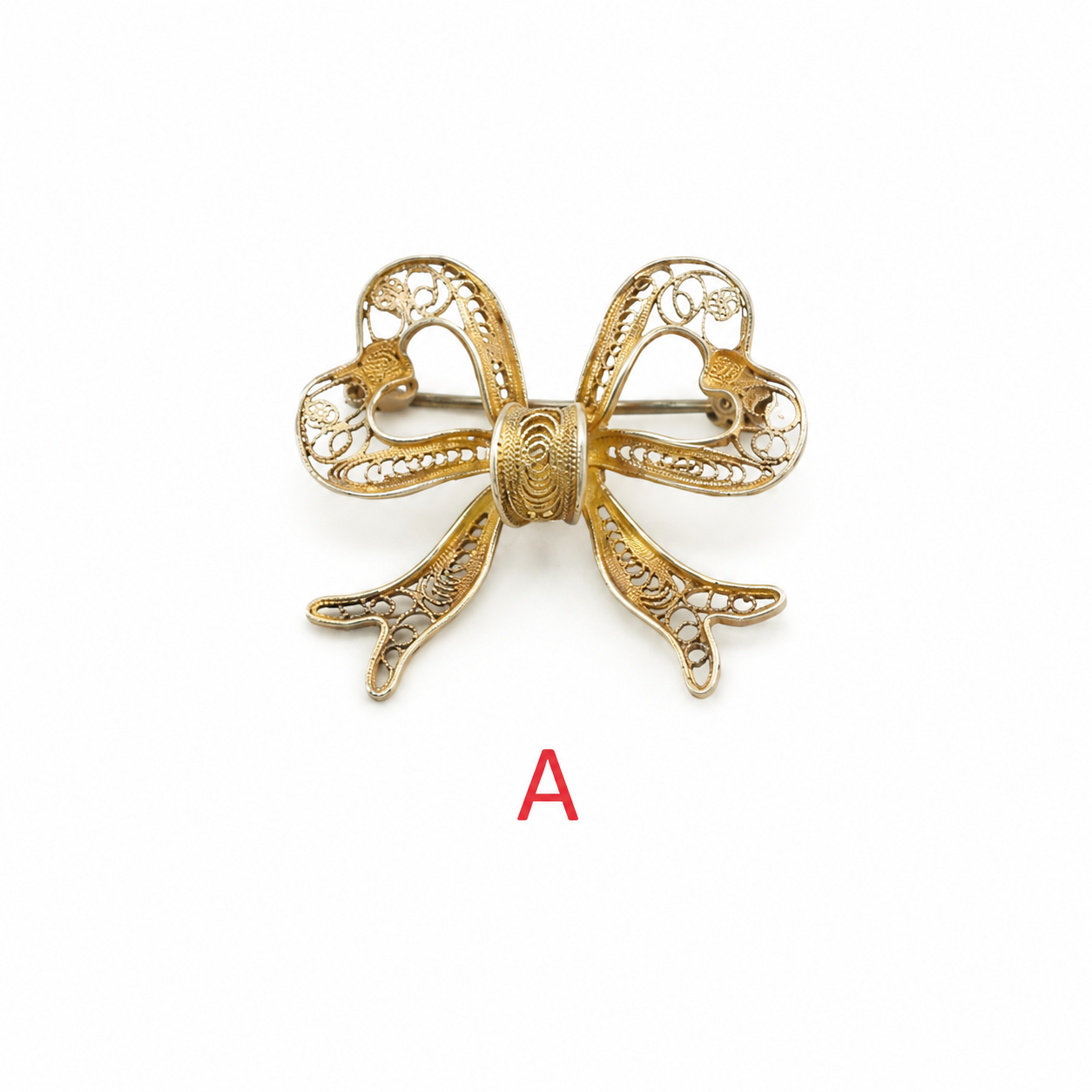 Vintage Brooch Floral, Bow, Butterfly Filigree, Gold Hue Sterling Silver B1728