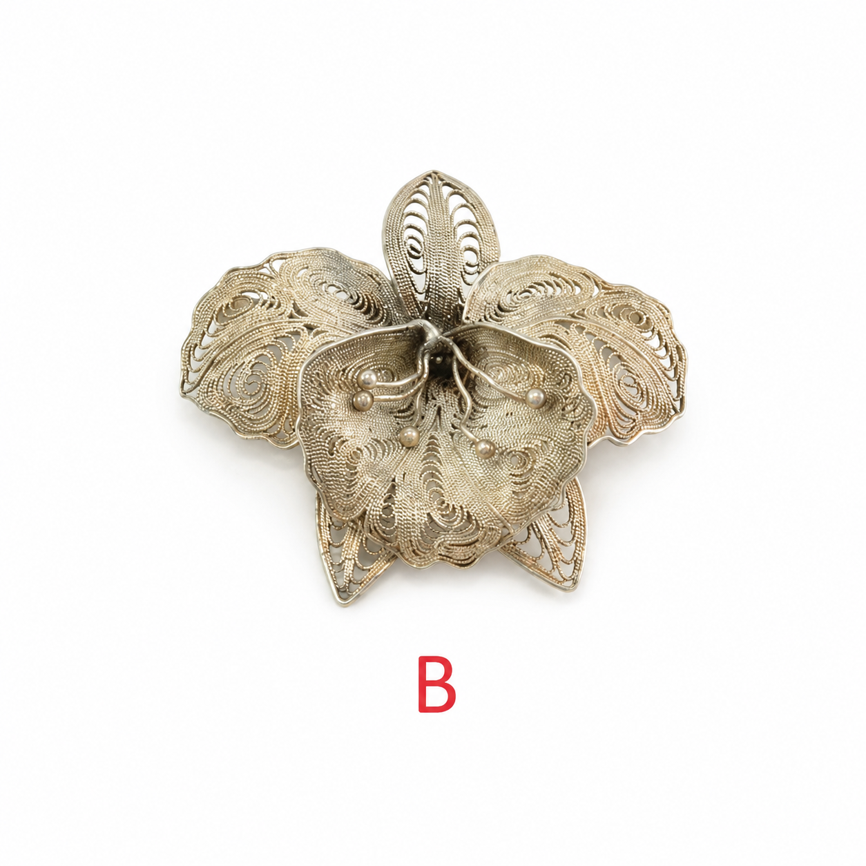 Vintage Brooch Floral, Bow, Butterfly Filigree, Gold Hue Sterling Silver B1728