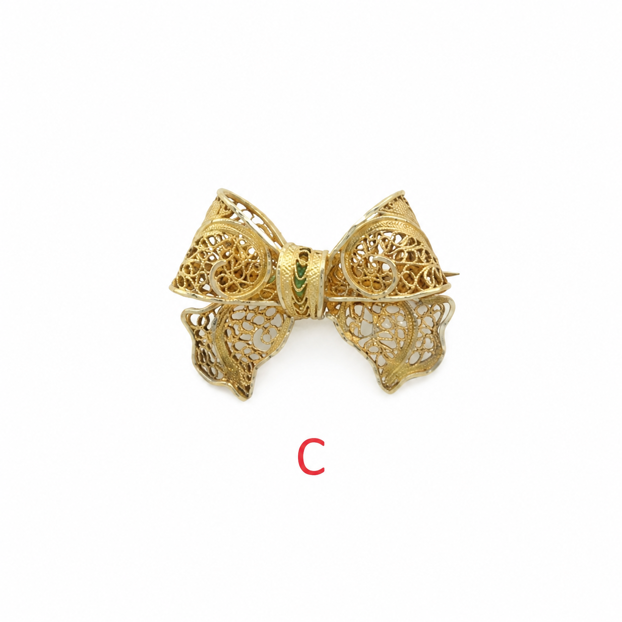 Vintage Brooch Floral, Bow, Butterfly Filigree, Gold Hue Sterling Silver B1728