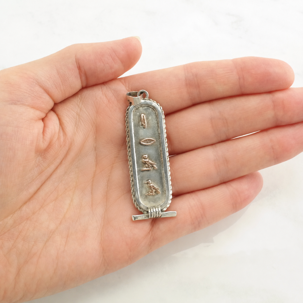 Vintage Egyptian Hieroglyph, Cartouche, Gold Accent Sterling Silver Pendant P2105