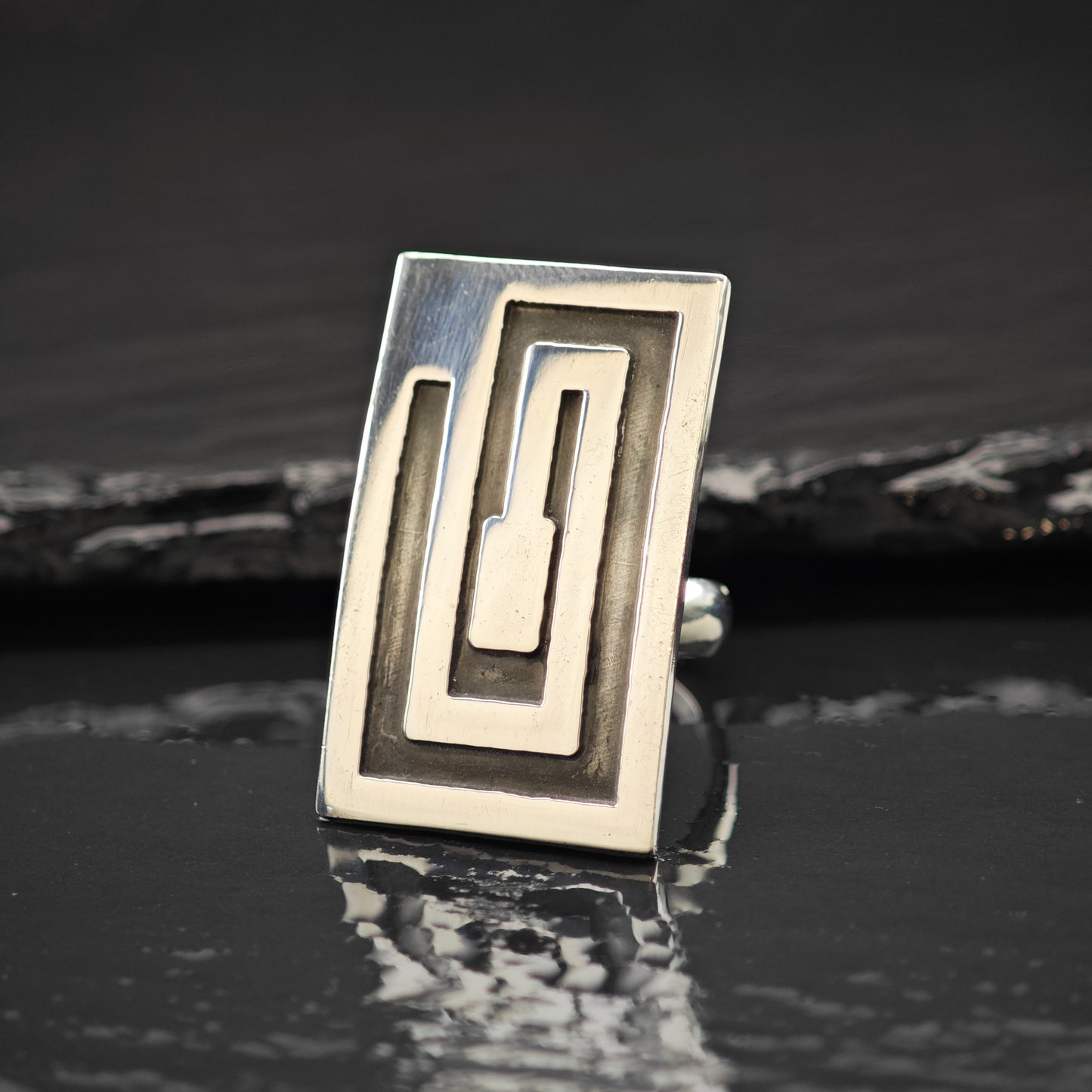 Rectangular Overlay Ring Sterling Silver Sz 8 R6255