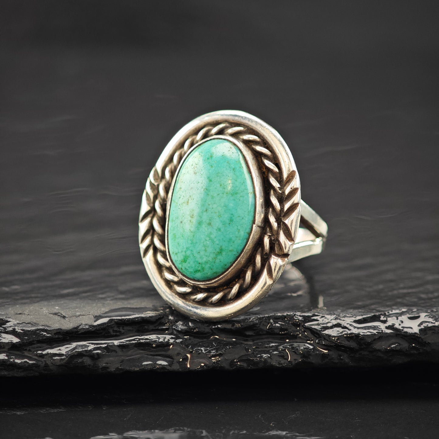 Oval Turquoise Native American Ring Sterling Silver Sz 7 R6259