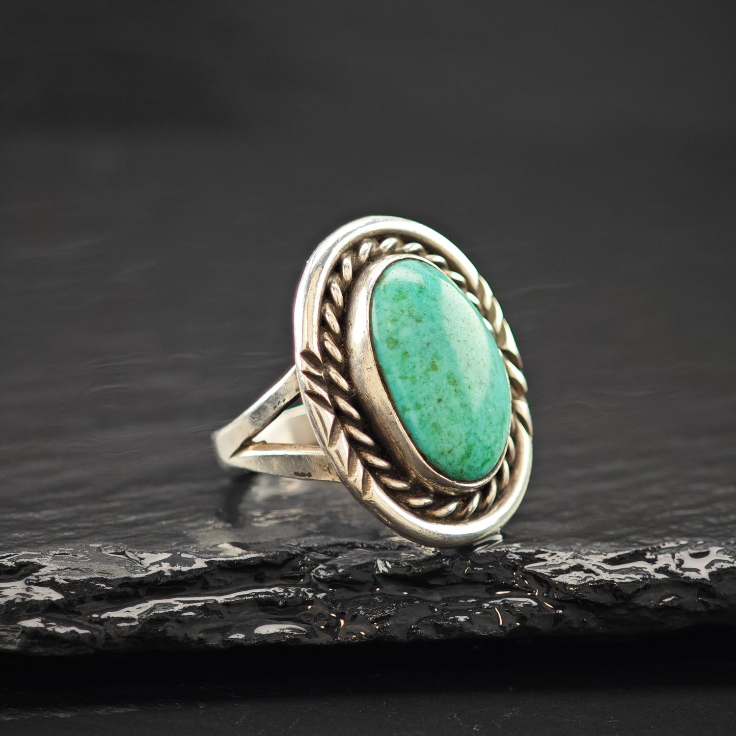 Oval Turquoise Native American Ring Sterling Silver Sz 7 R6259