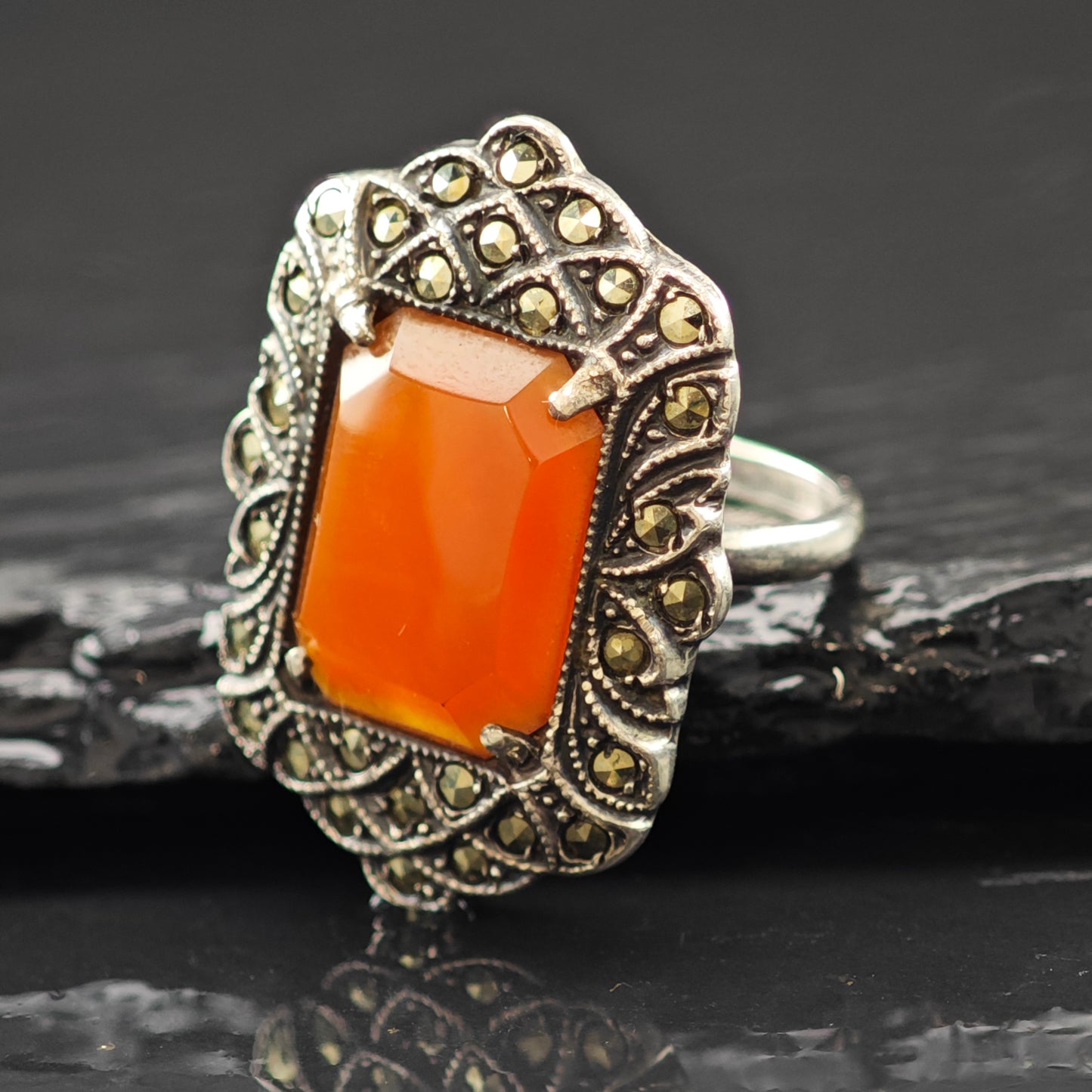 Art Deco Carnelian Ring Sterling Silver Sz 5.5 R6261