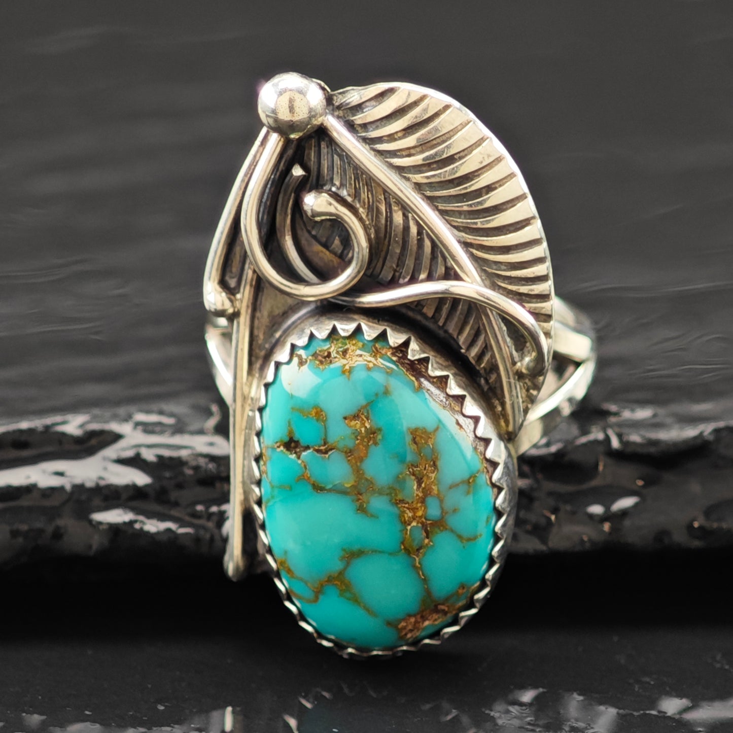 Native Spiderweb Turquoise Ring Sterling Silver Sz 6 1/2 R6262