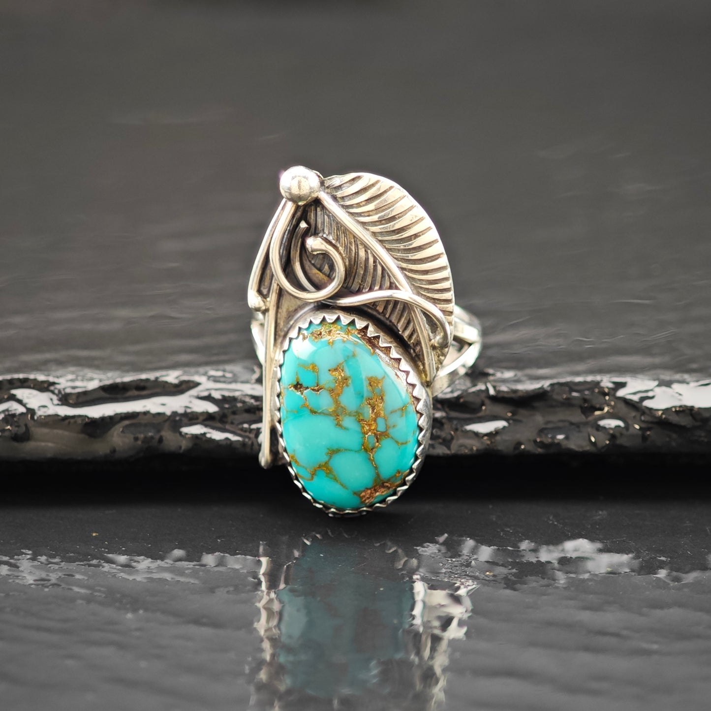 Native Spiderweb Turquoise Ring Sterling Silver Sz 6 1/2 R6262
