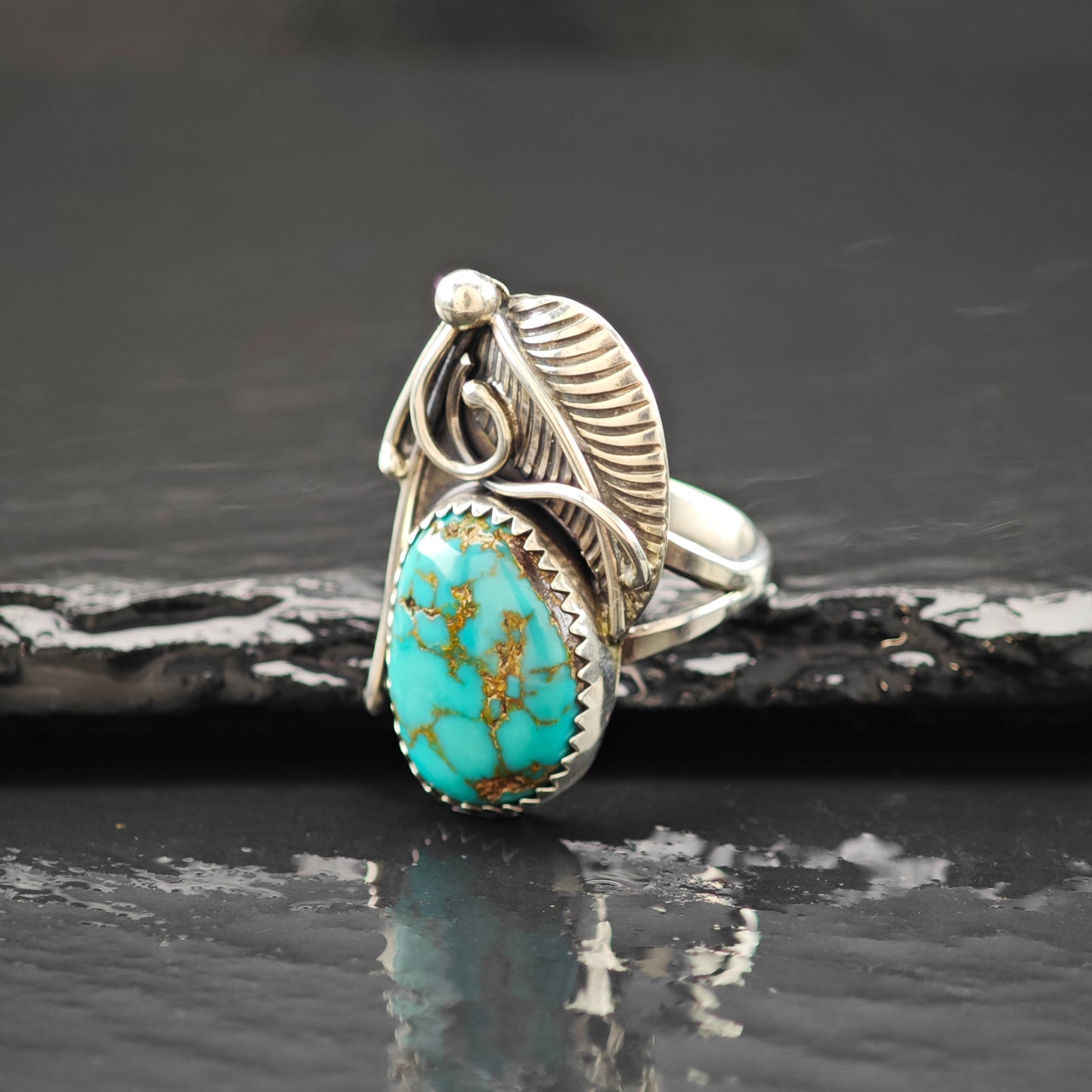 Native Spiderweb Turquoise Ring Sterling Silver Sz 6 1/2 R6262