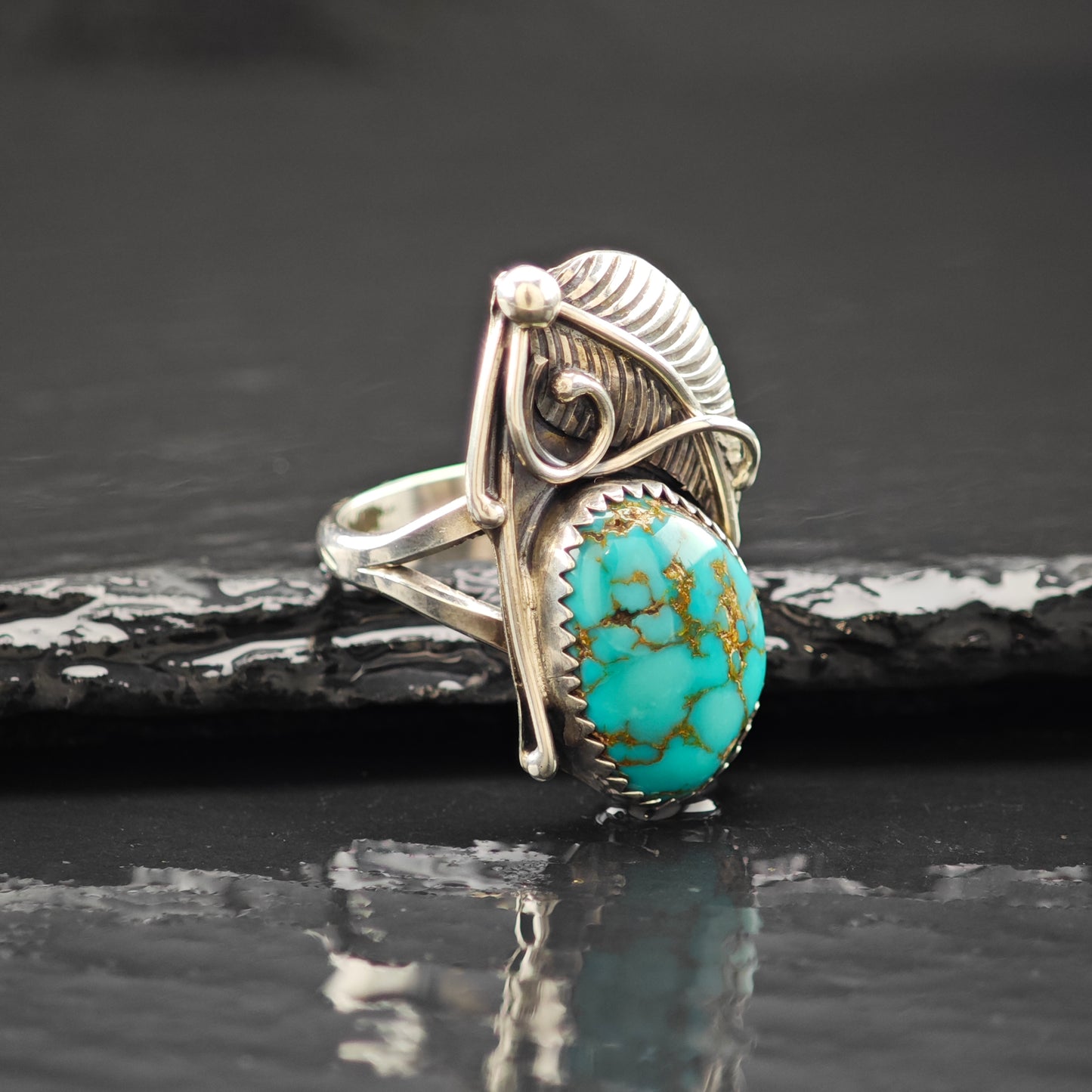 Native Spiderweb Turquoise Ring Sterling Silver Sz 6 1/2 R6262