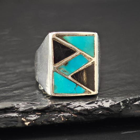 Turquoise and Onyx Inlay Ring Sterling Silver Sz 9 R6263