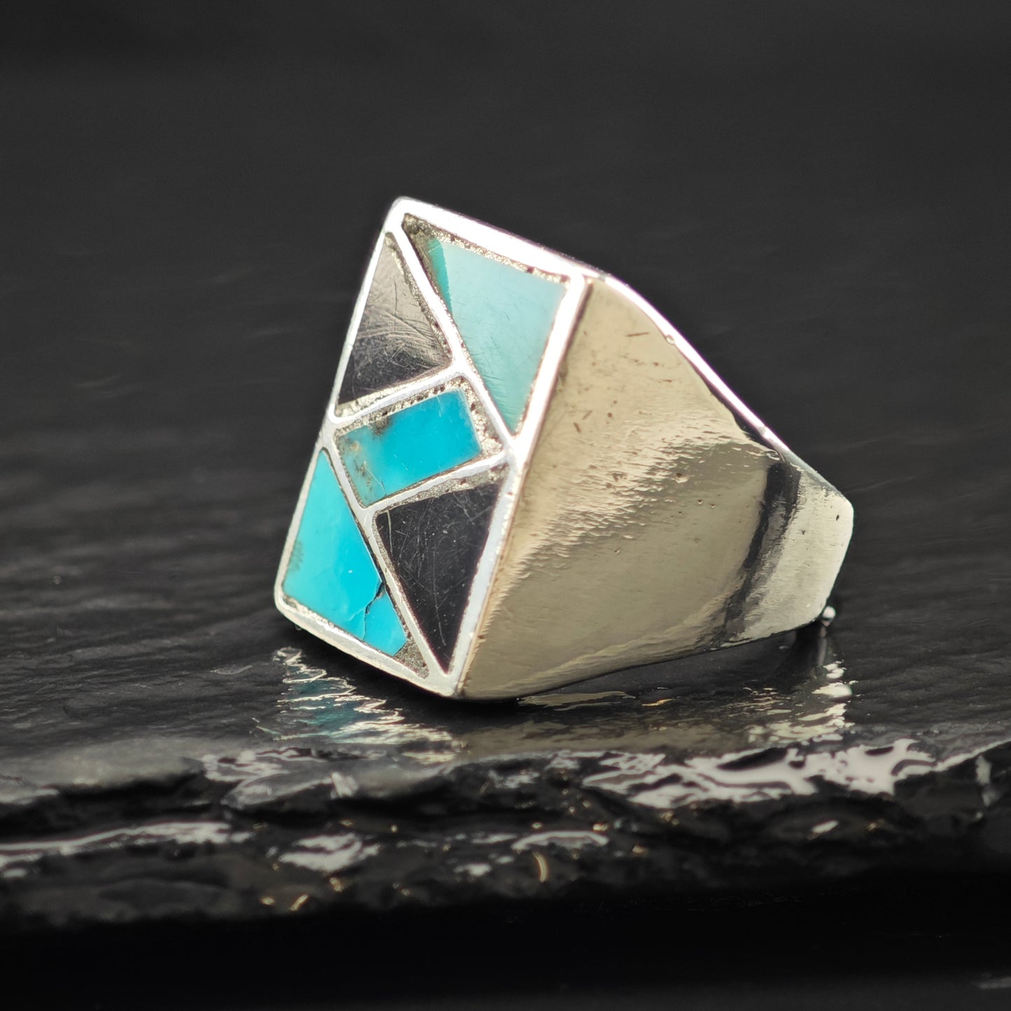 Turquoise and Onyx Inlay Ring Sterling Silver Sz 9 R6263