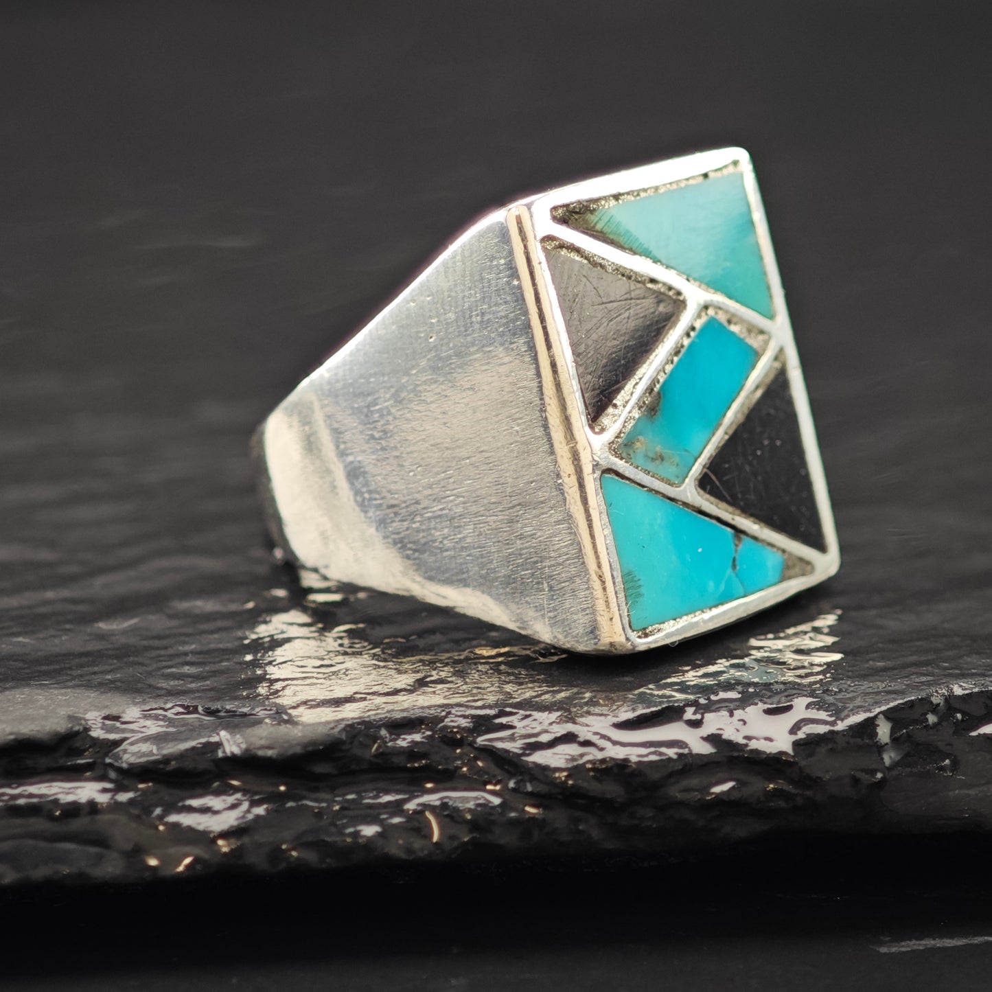 Turquoise and Onyx Inlay Ring Sterling Silver Sz 9 R6263