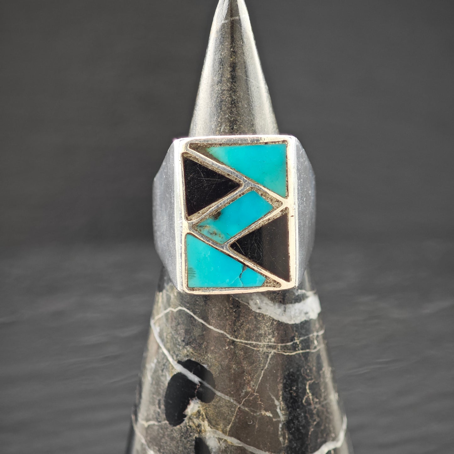 Turquoise and Onyx Inlay Ring Sterling Silver Sz 9 R6263