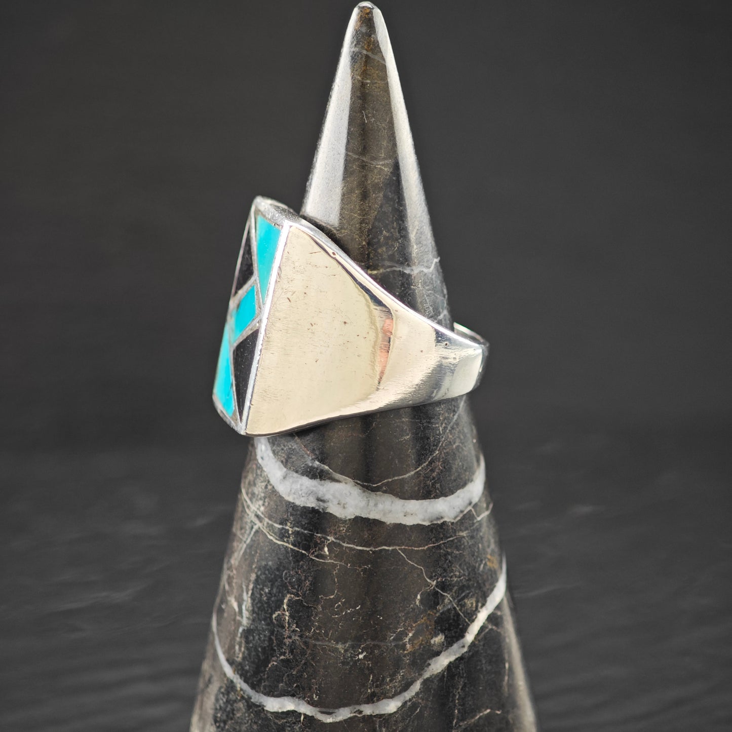 Turquoise and Onyx Inlay Ring Sterling Silver Sz 9 R6263