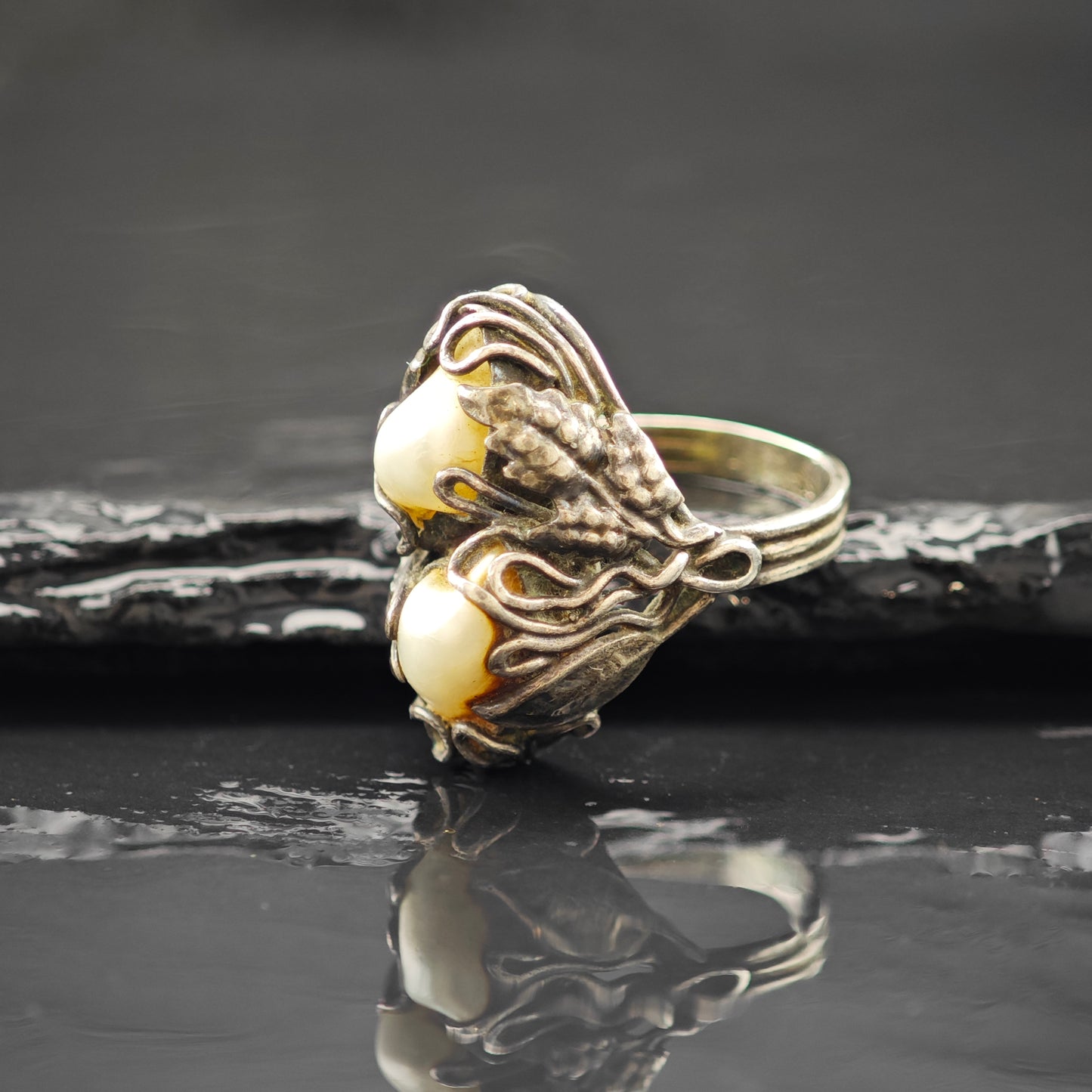 Antique Art Nouveau Mississippi Pearl Ring Sterling Silver Sz 5 1/2 R6267