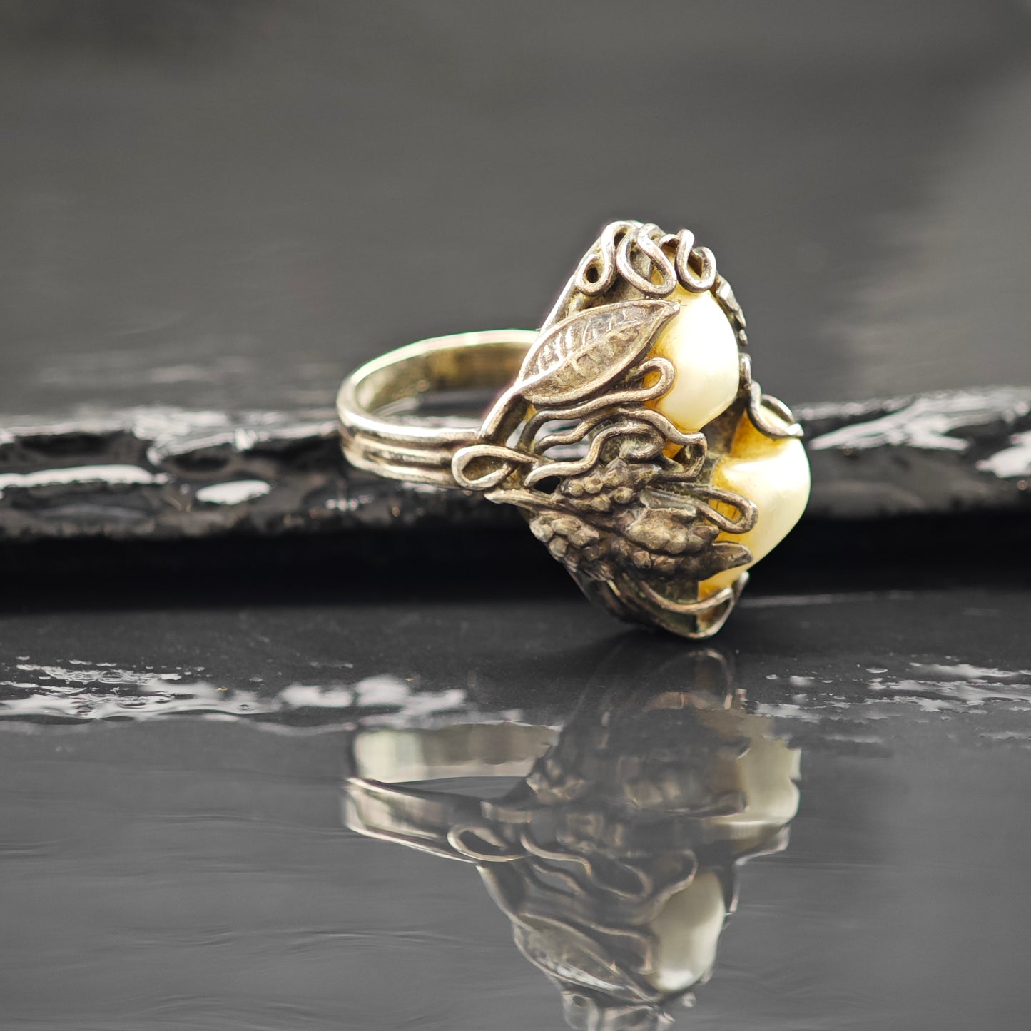Antique Art Nouveau Mississippi Pearl Ring Sterling Silver Sz 5 1/2 R6267