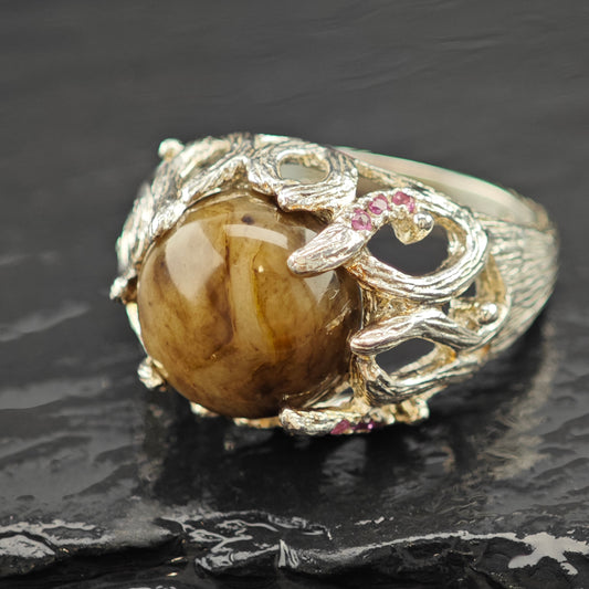 Brown Cabochon-Cut Gemstone, Pink Accent Stones Ring Sterling Silver Sz 9 R6268