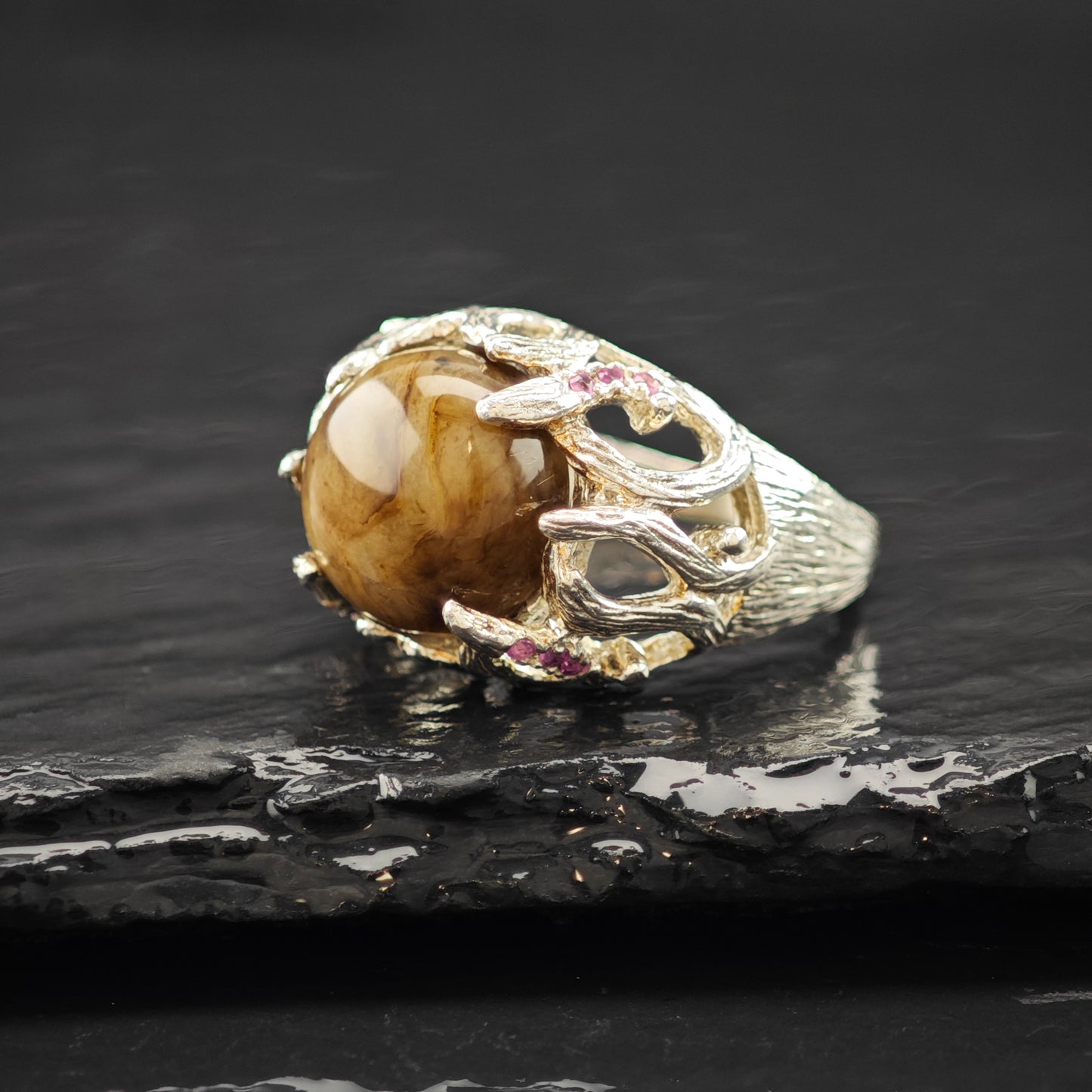 Brown Cabochon-Cut Gemstone, Pink Accent Stones Ring Sterling Silver Sz 9 R6268