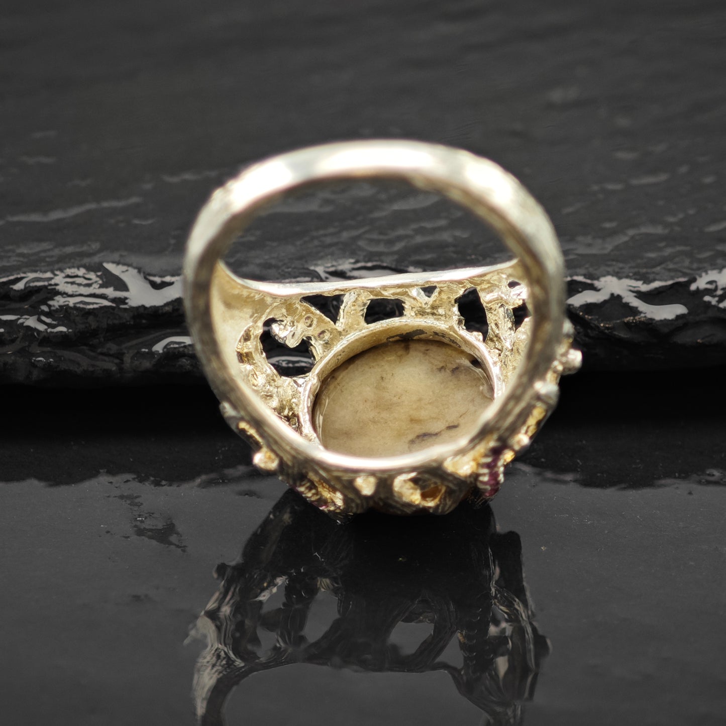 Brown Cabochon-Cut Gemstone, Pink Accent Stones Ring Sterling Silver Sz 9 R6268