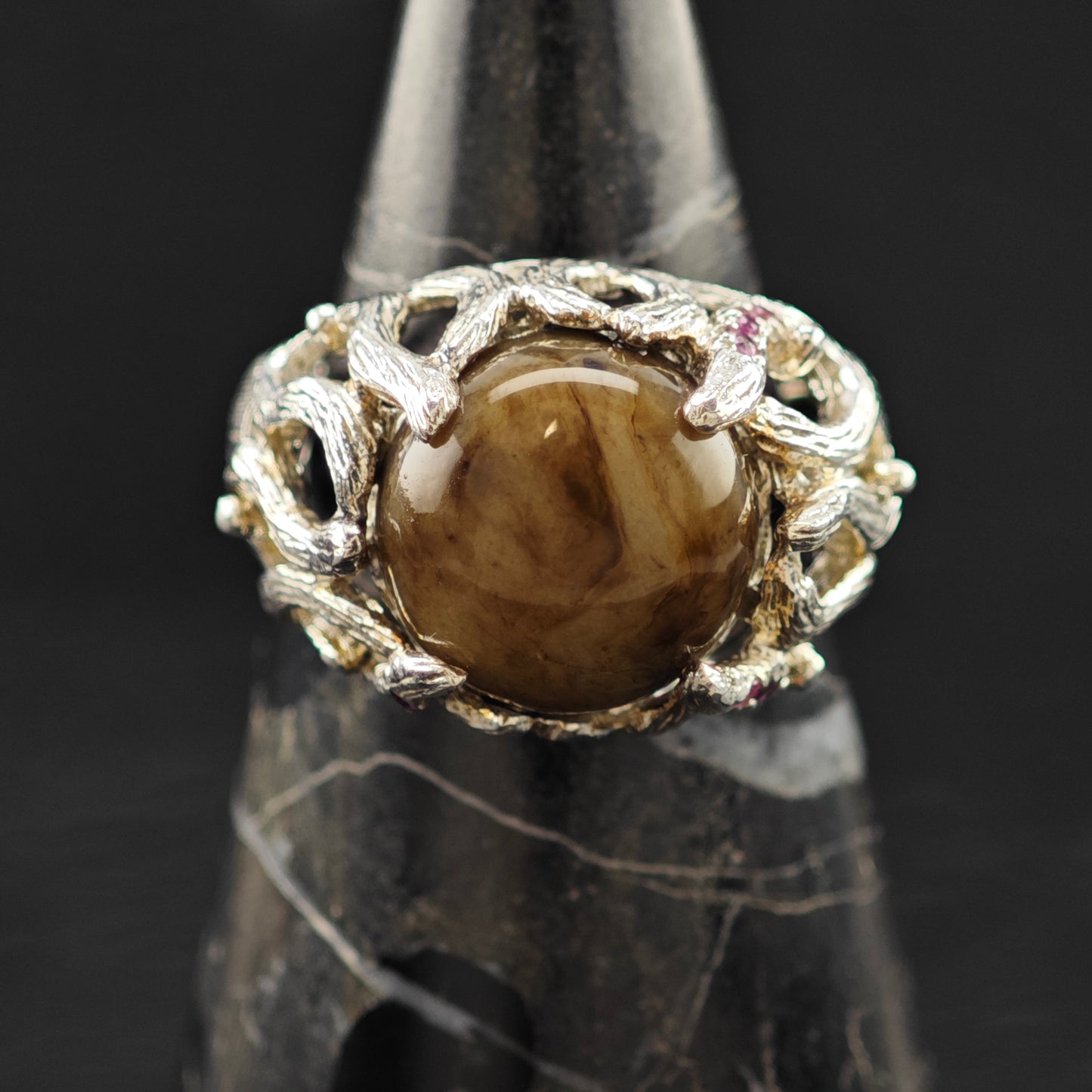 Brown Cabochon-Cut Gemstone, Pink Accent Stones Ring Sterling Silver Sz 9 R6268