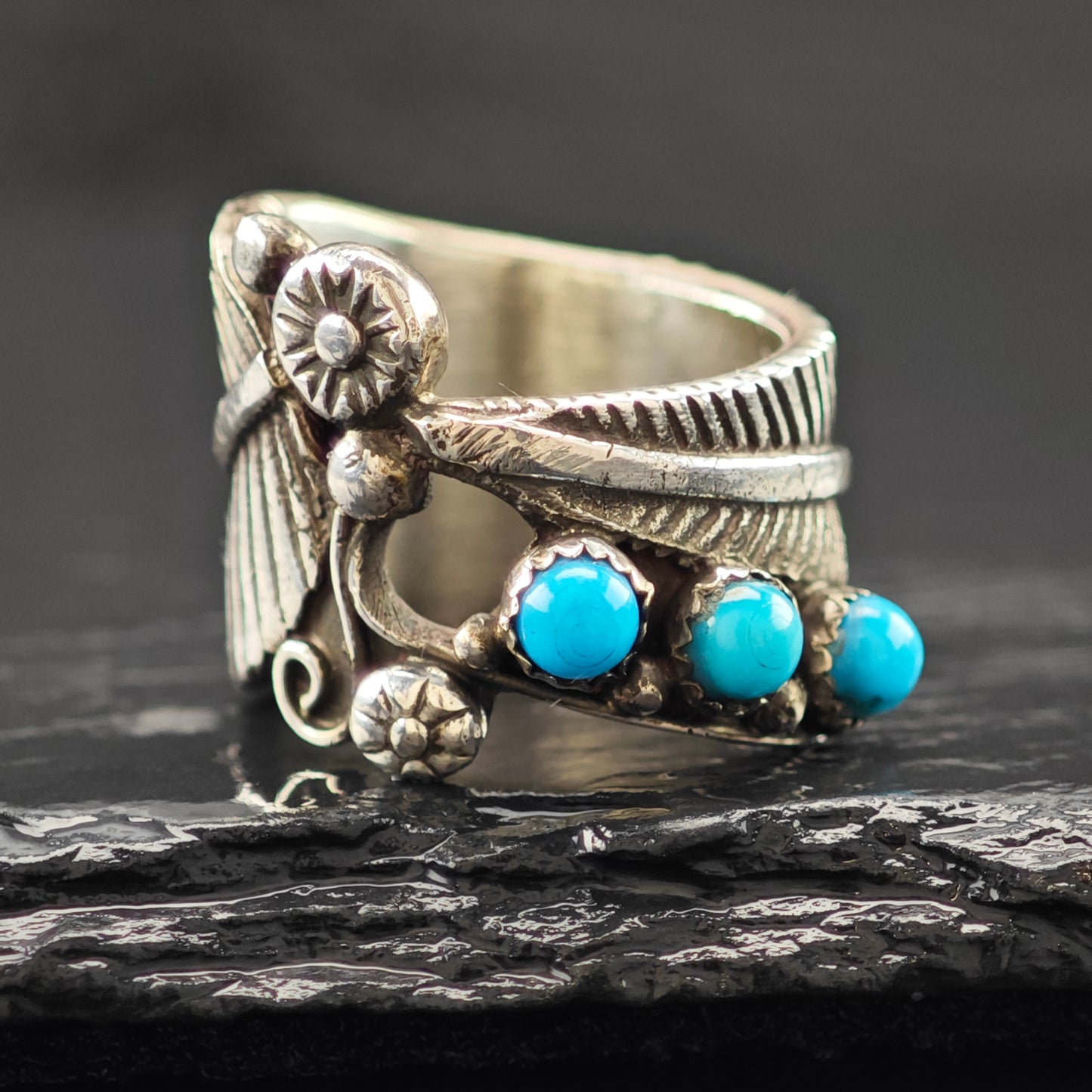 Turquoise, Floral Ring Sterling Silver Sz 5 1/2 R6277