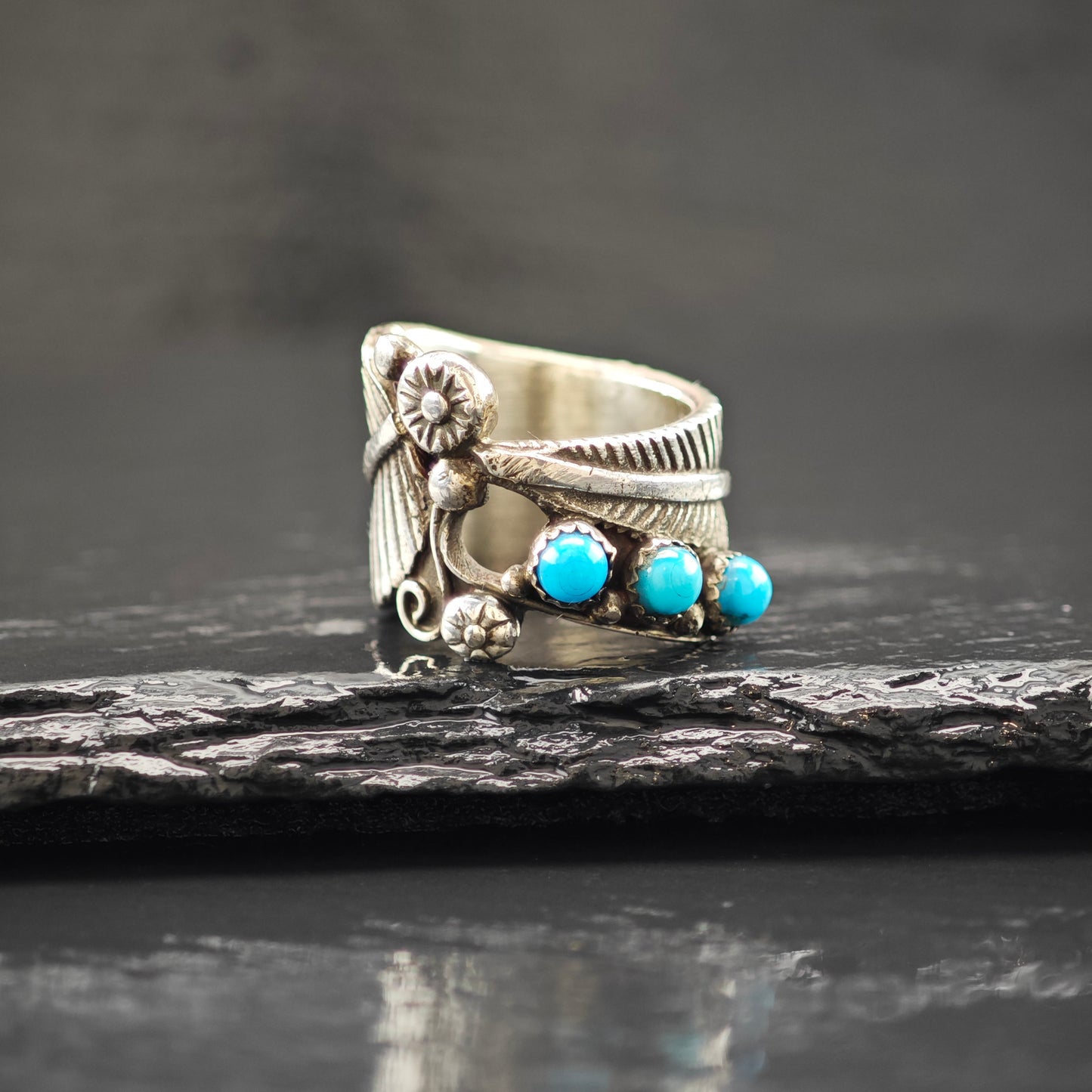 Turquoise, Floral Ring Sterling Silver Sz 5 1/2 R6277