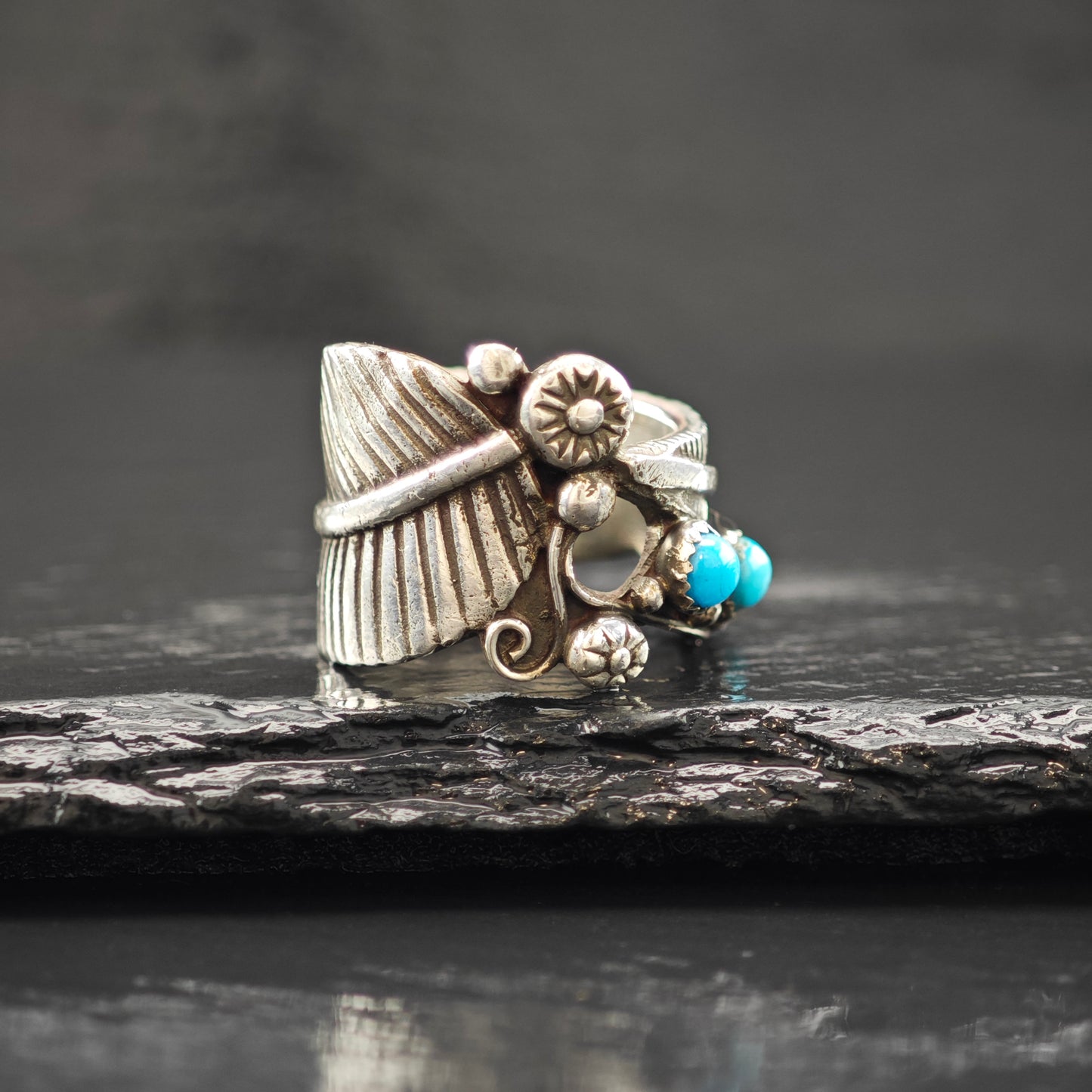 Turquoise, Floral Ring Sterling Silver Sz 5 1/2 R6277