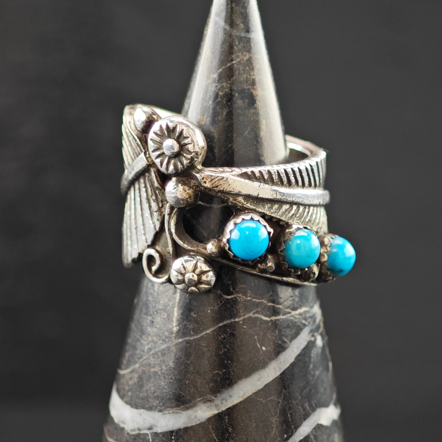 Turquoise, Floral Ring Sterling Silver Sz 5 1/2 R6277