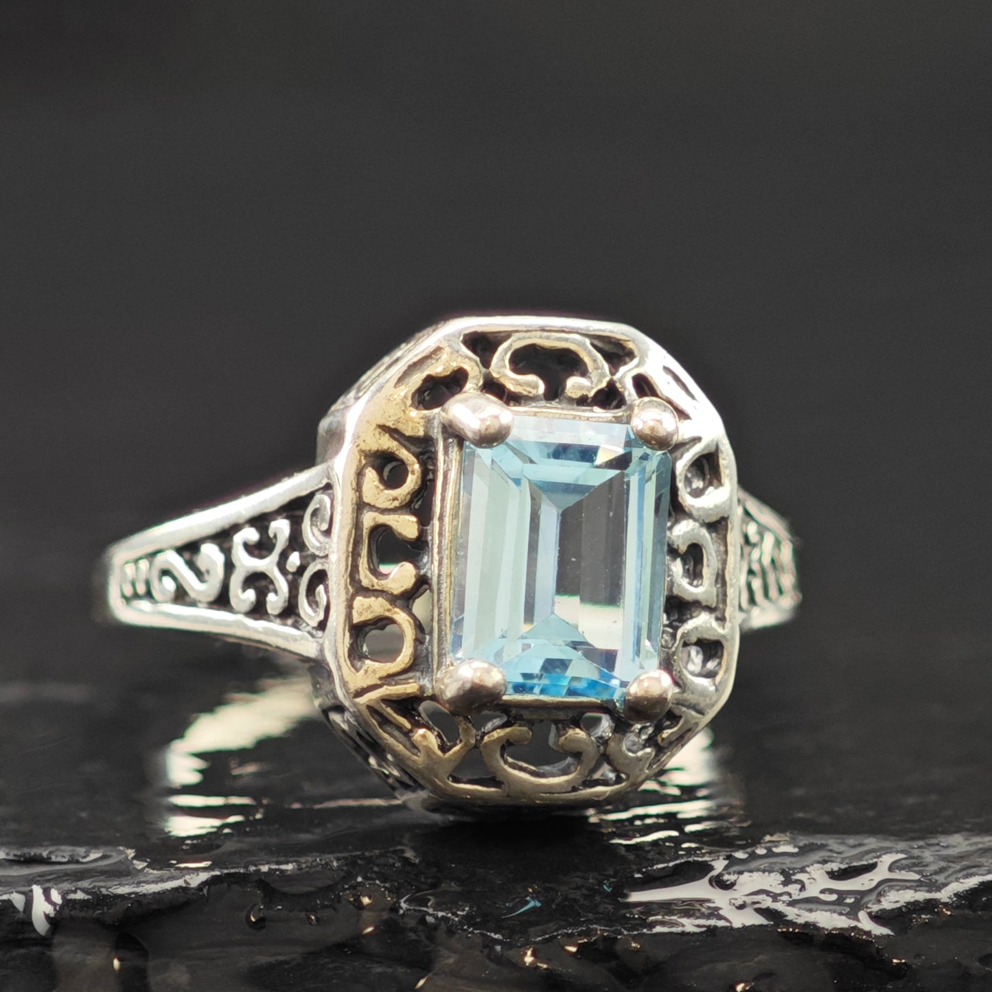 Rectangular Topaz Filigree Ring Sterling Silver Sz 8 R6285