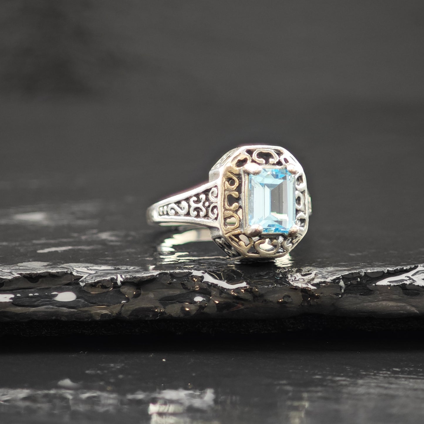 Rectangular Topaz Filigree Ring Sterling Silver Sz 8 R6285