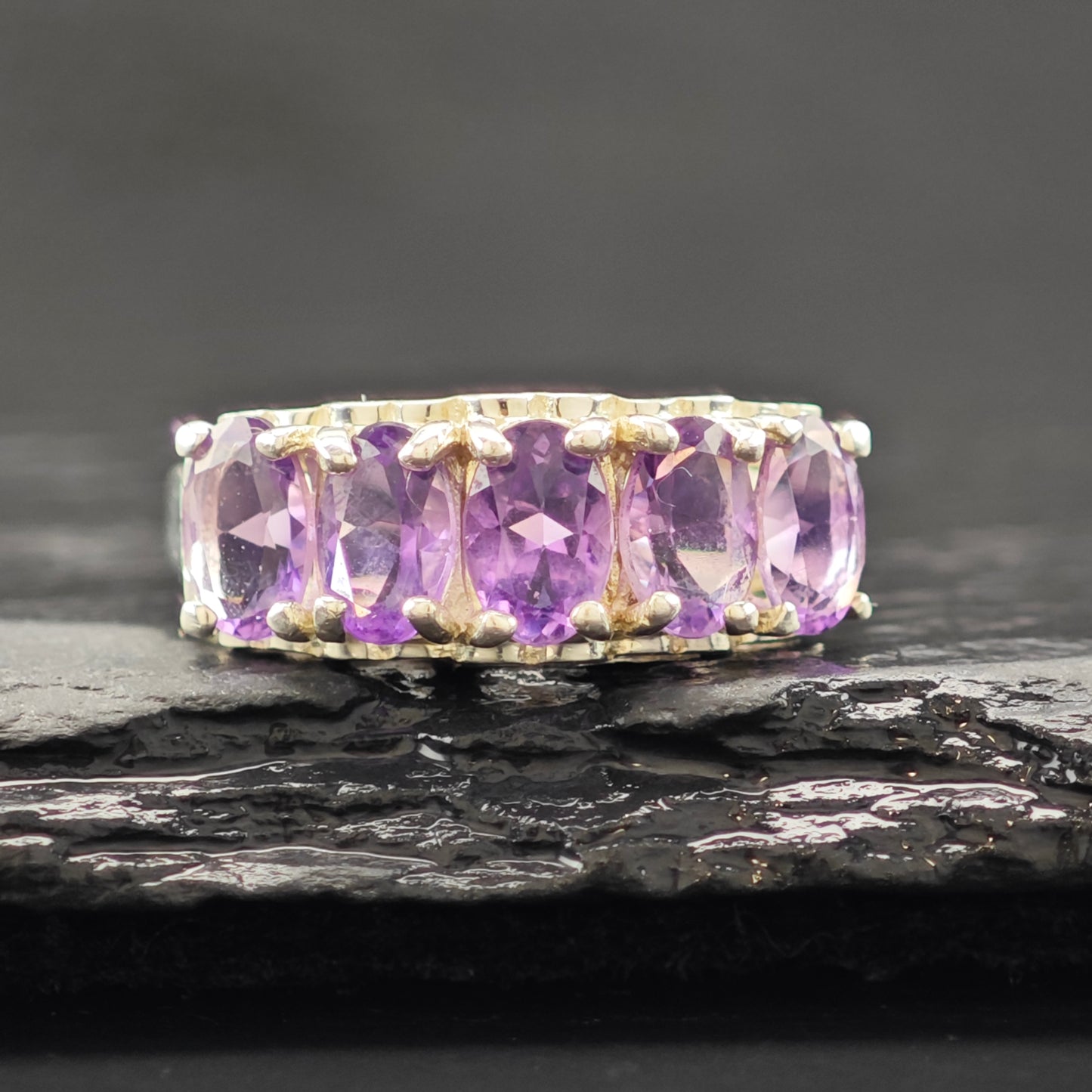 5 Stone Amethyst Ring Sterling Silver Sz 6 R6293