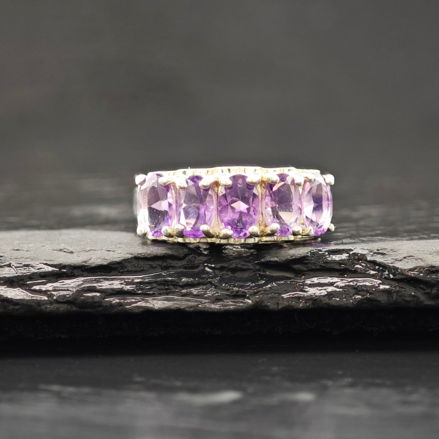 5 Stone Amethyst Ring Sterling Silver Sz 6 R6293