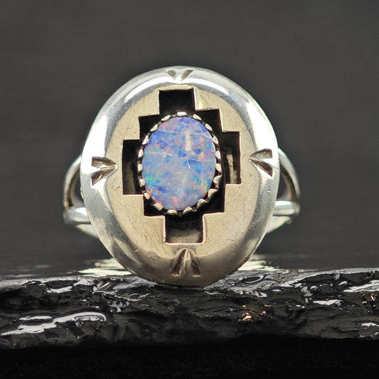 Lab Opal Sw Shadowbox Ring Sterling Silver Size 8 R6303