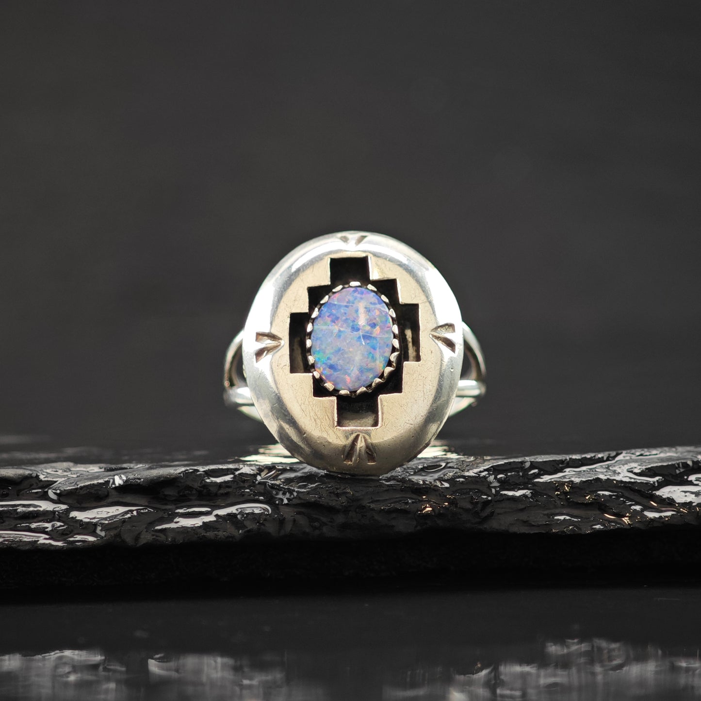 Lab Opal Sw Shadowbox Ring Sterling Silver Size 8 R6303