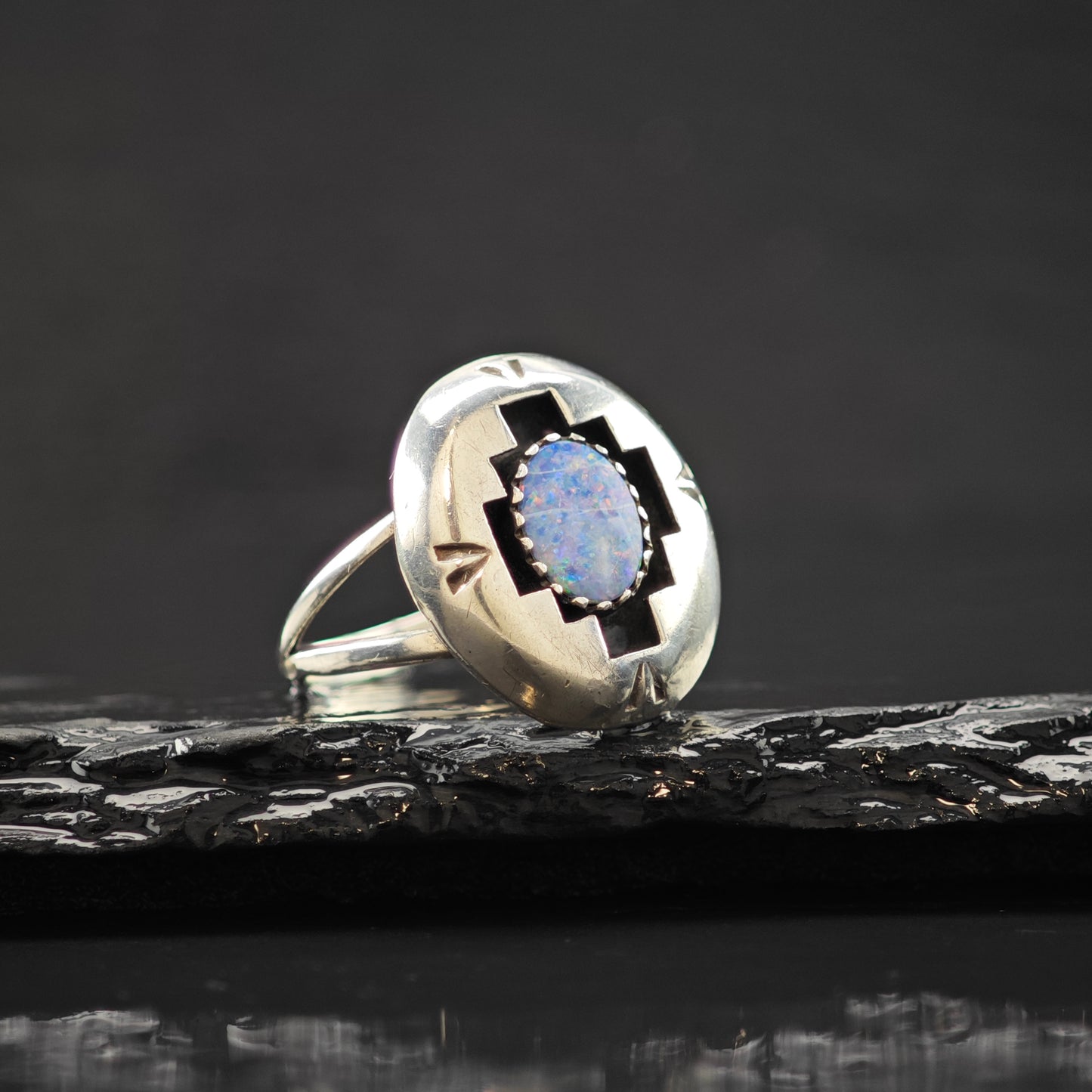 Lab Opal Sw Shadowbox Ring Sterling Silver Size 8 R6303