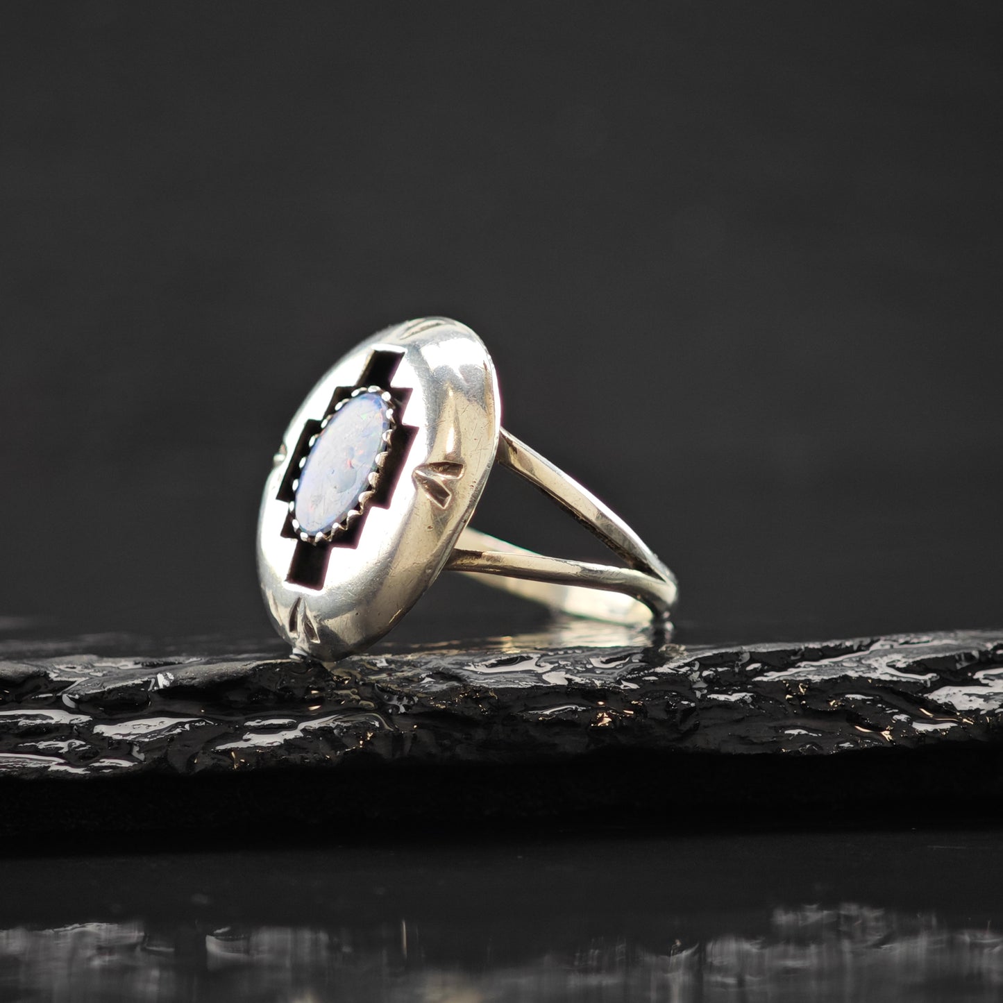 Lab Opal Sw Shadowbox Ring Sterling Silver Size 8 R6303